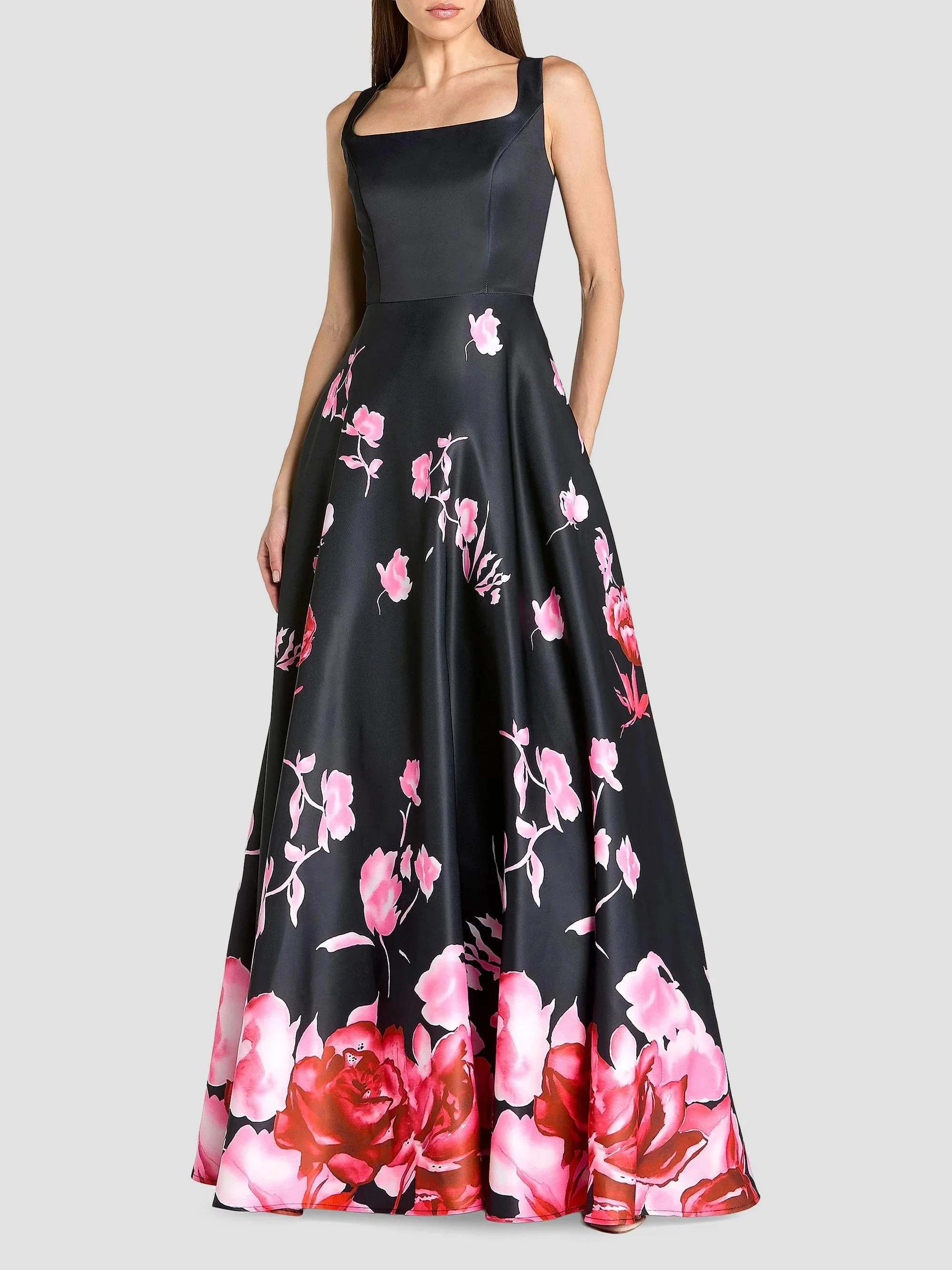 Women's Floral Satin Ball Gown - Black Multi - 1
