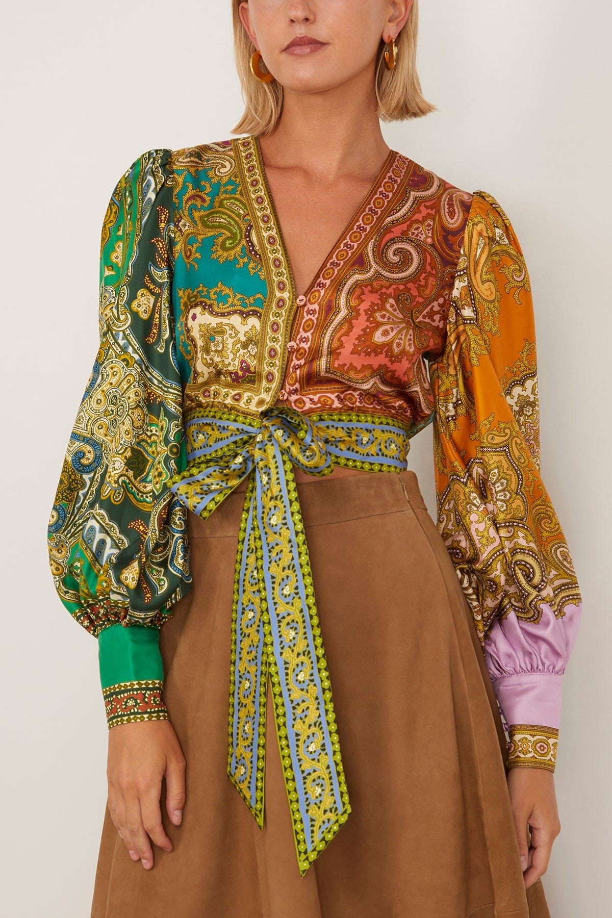 Clemenza Spliced Crop Silk Blouse in Multi - 3