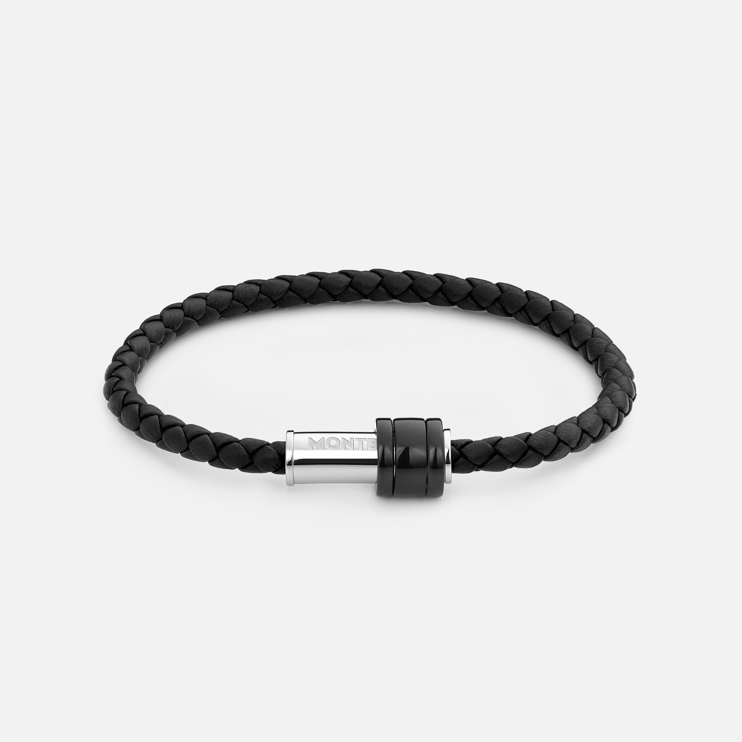 Bracelet in woven black leather with steel closing, black PVD finish and three rings - 1