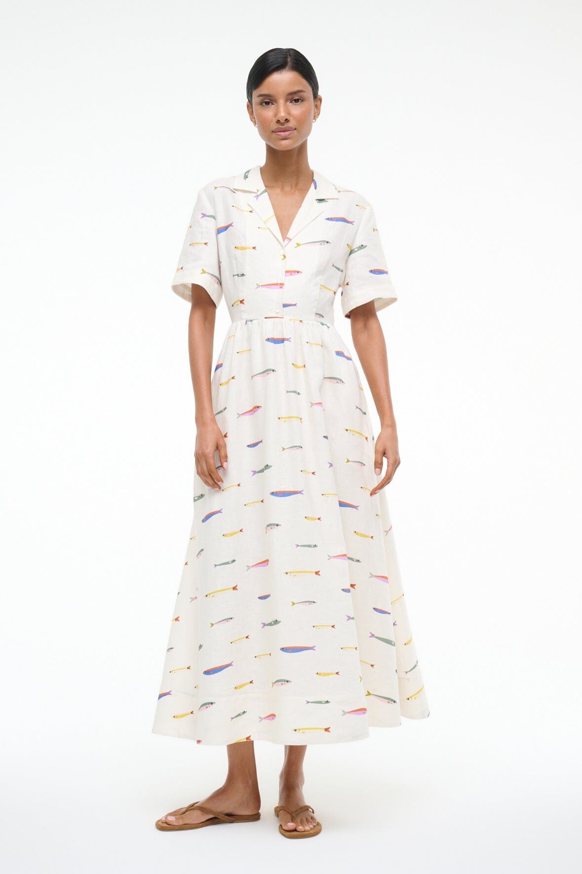 STAUD MERYL LINEN DRESS POP SARDINES IVORY - 5