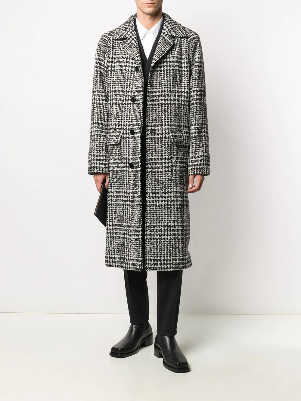 check-pattern mid-length coat - 2