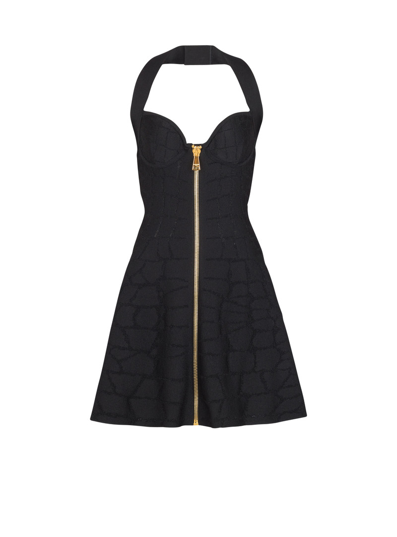 Flared halterneck dress in crocodile knit 1