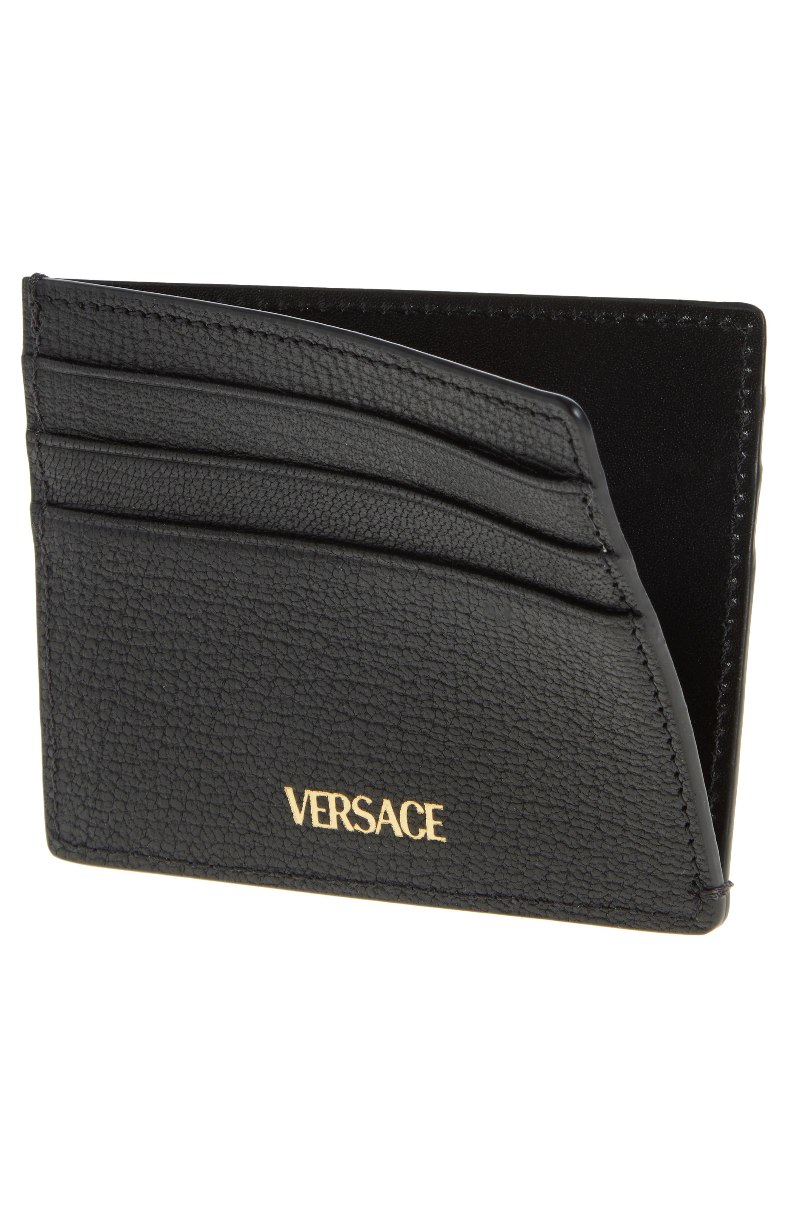 Versace Medusa Grained Leather Card Case in Black Versace Gold at Nordstrom - 3