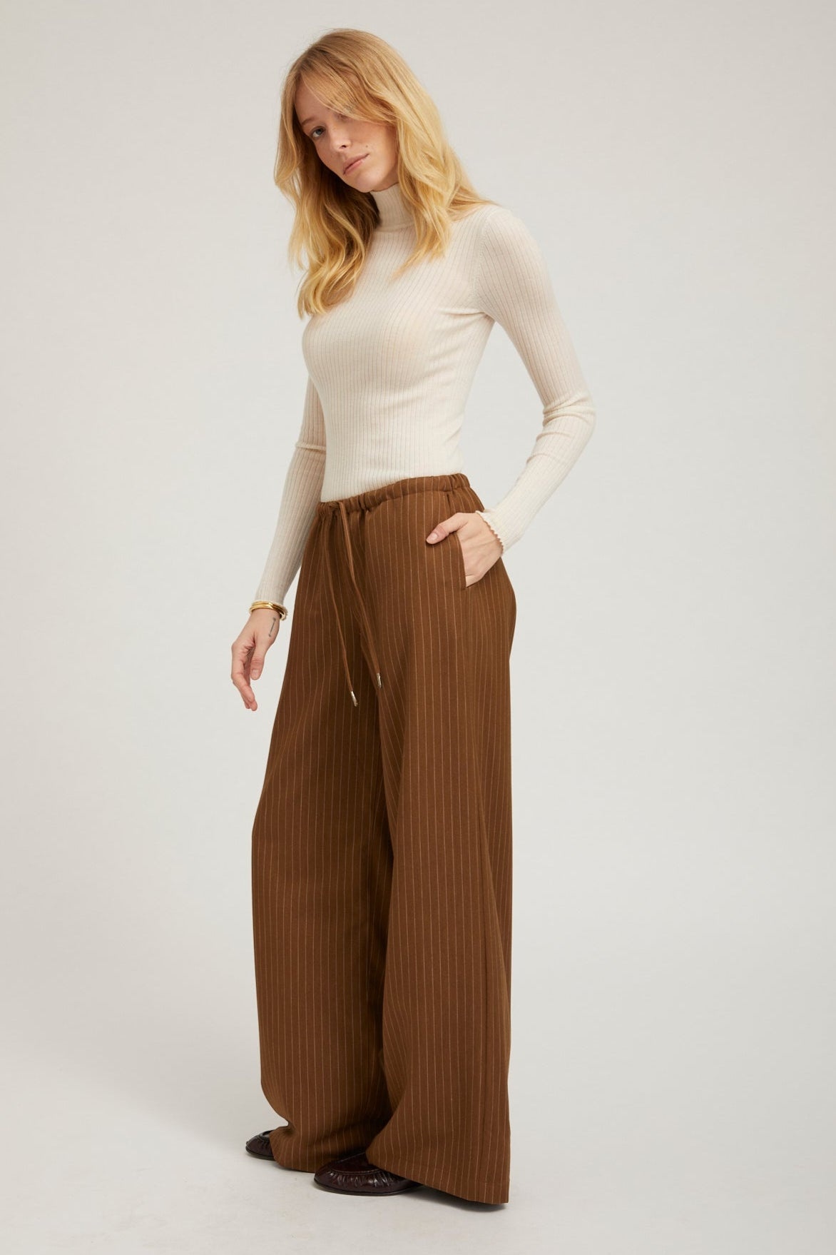 CAMEL STRIPE DRAWSTRING PANTS - 4