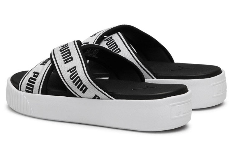 PUMA (WMNS) PUMA Platform Slide Tape Slippers For Black/White 380677-01 outlook
