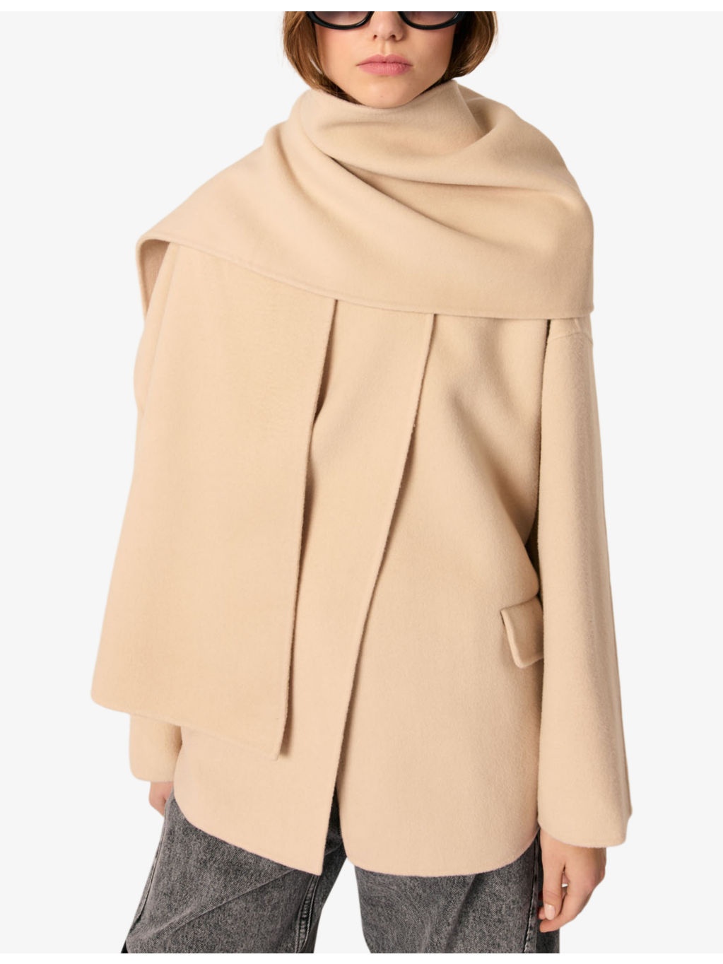 Removable-scarf belted-waist wool-blend coat - 5