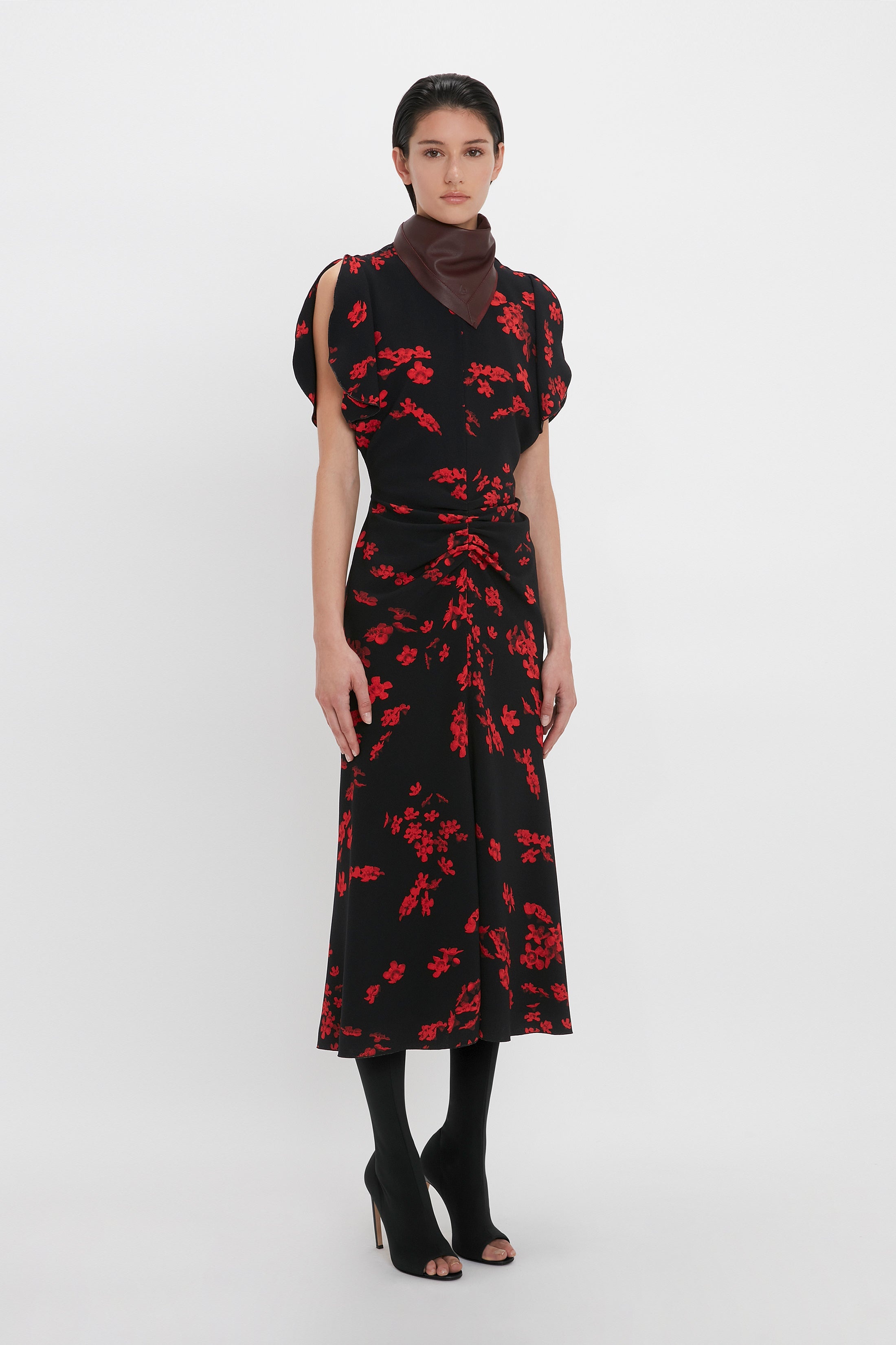 Gathered Waist Midi Dress In Sci-Fi Black Floral - 3