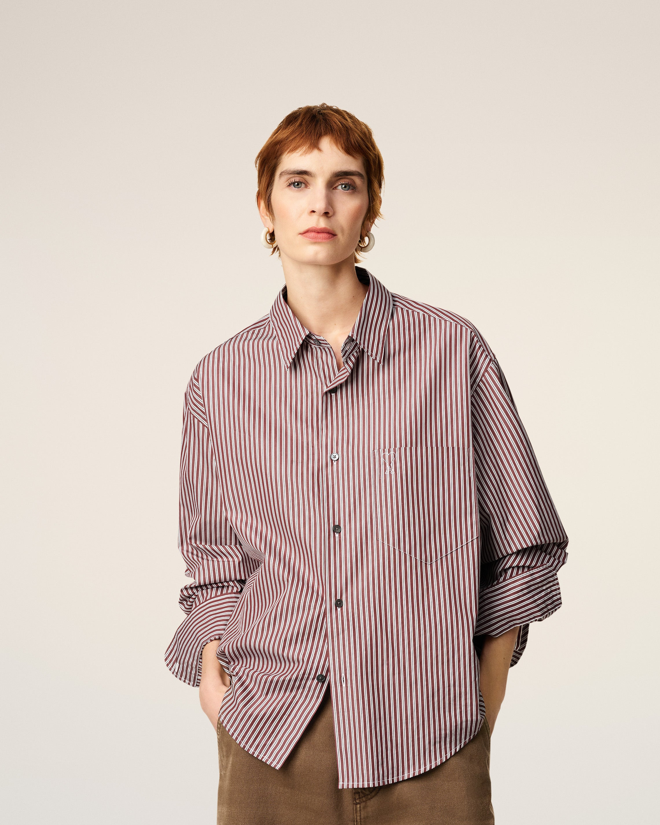 BURGUNDY COTTON EMBOSSED AMI DE COEUR STRIPED BOXY SHIRT - 3