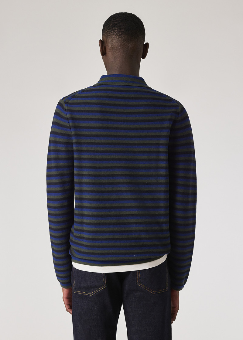 Blue Faded Stripe Knitted Cotton Polo Shirt 7