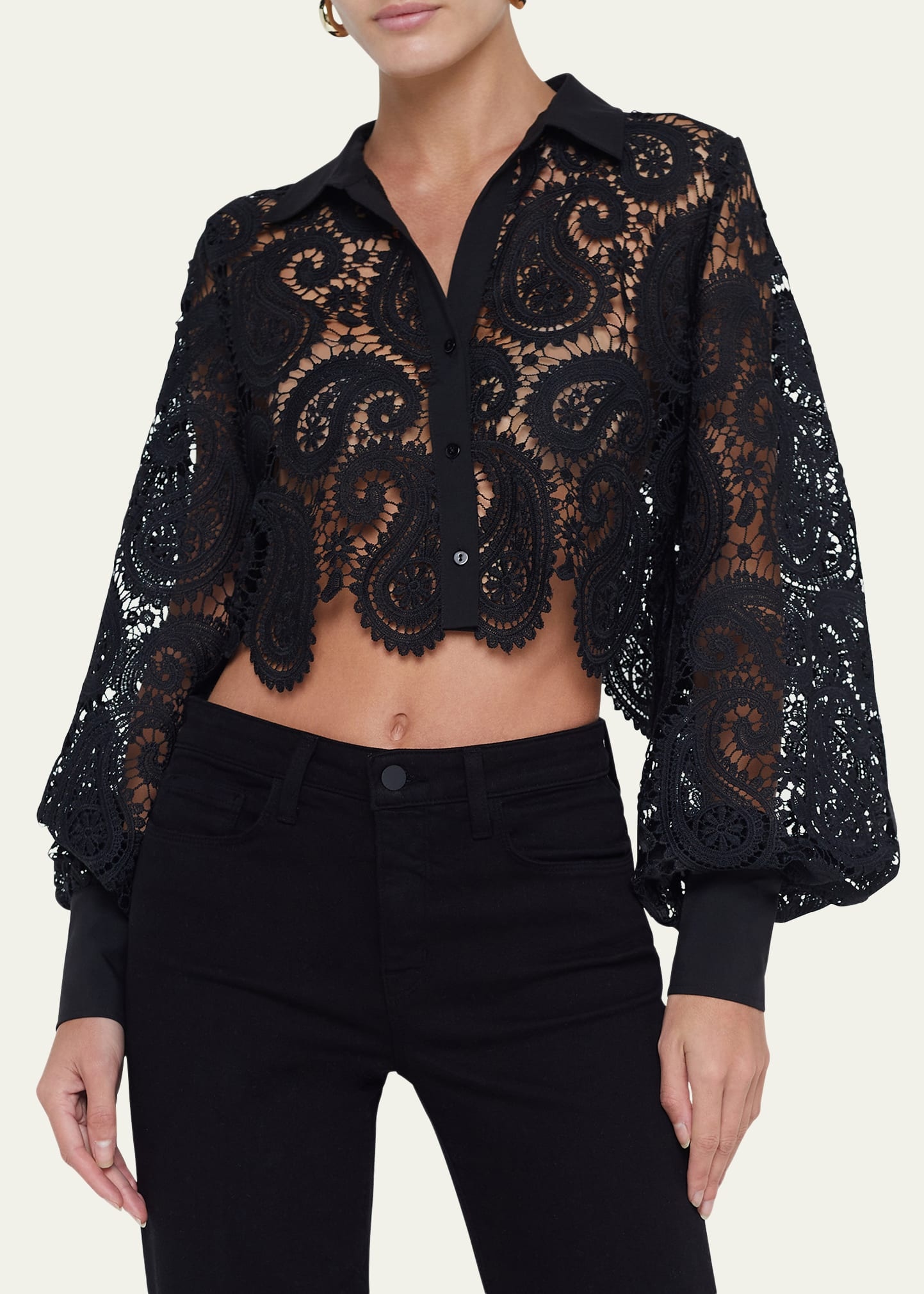 Odelia Paisley Lace Cropped Button-Front Blouse - 5