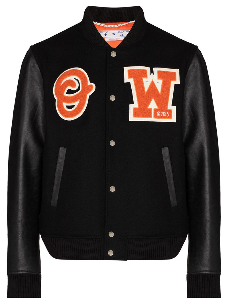 Patch Leather Sleeve Varsity Jacket Black - 1