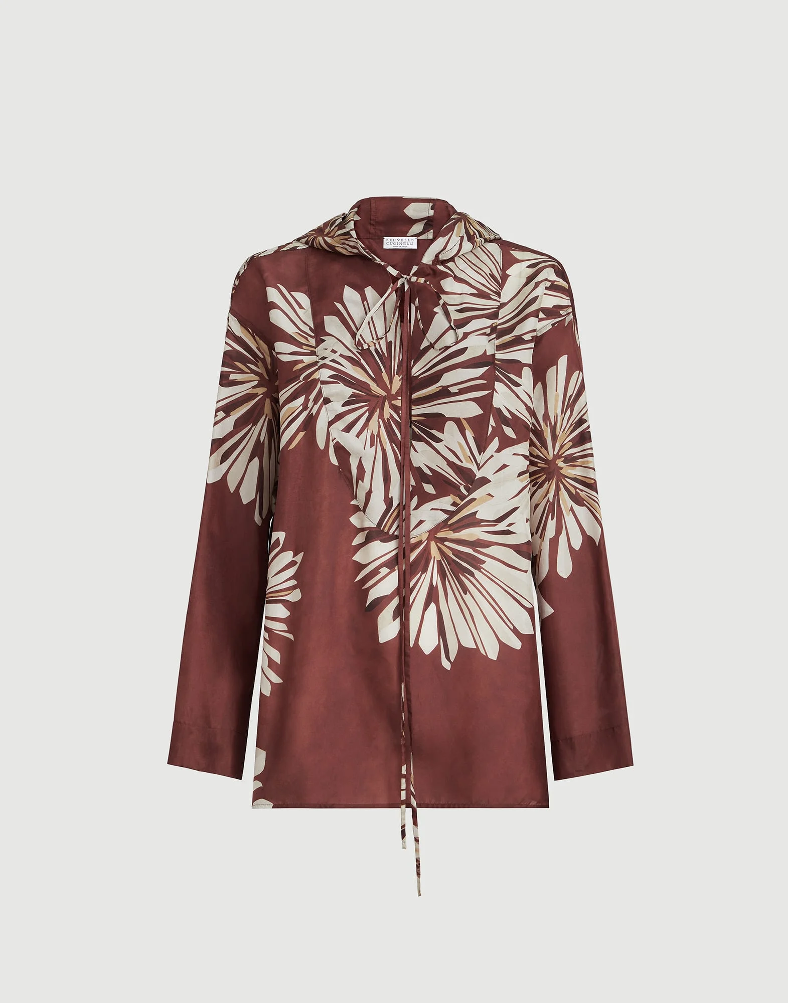 Silk bloom print pongee shirt with hood - 1