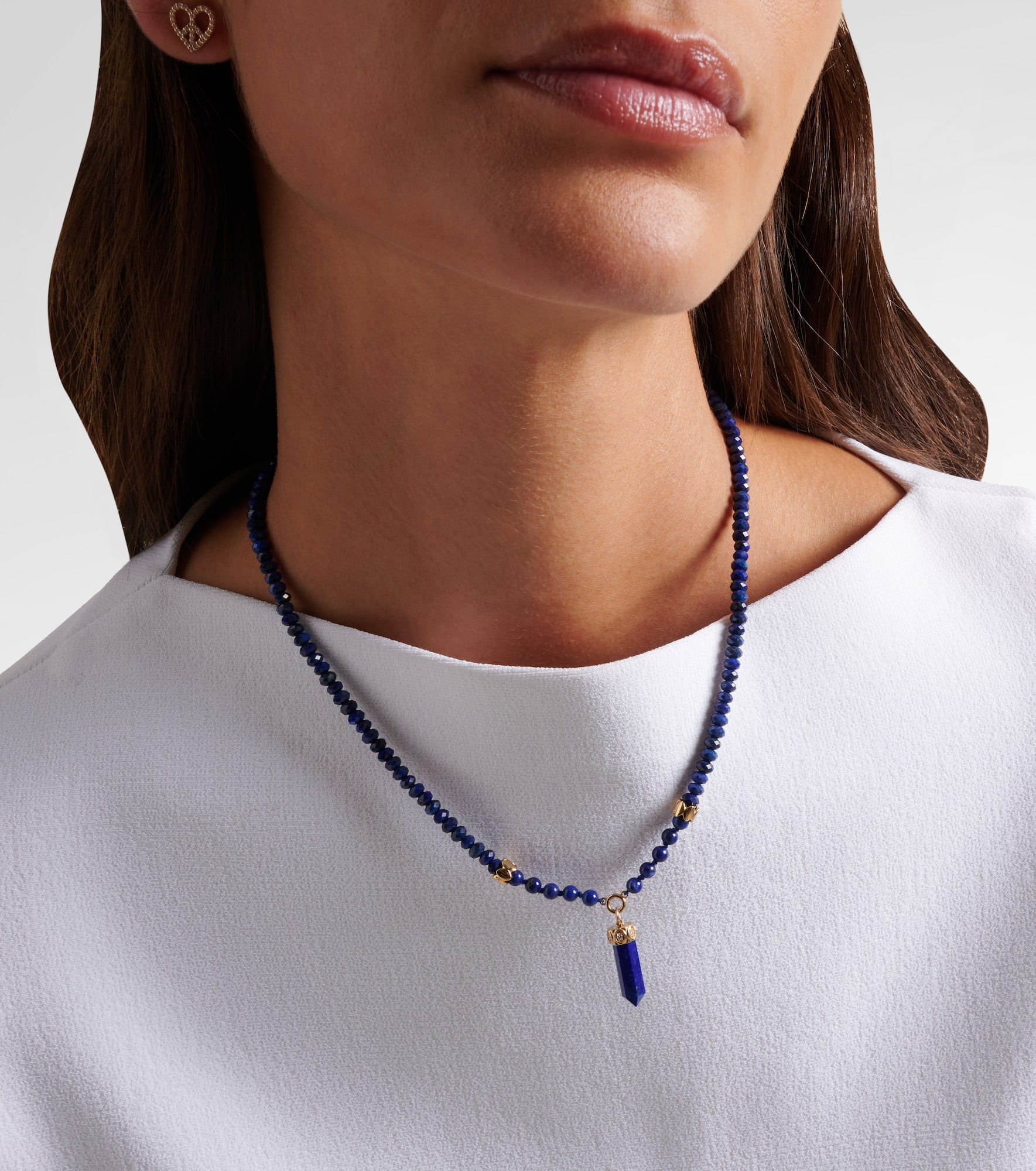 14kt gold beaded necklace with diamonds and lapis - 3