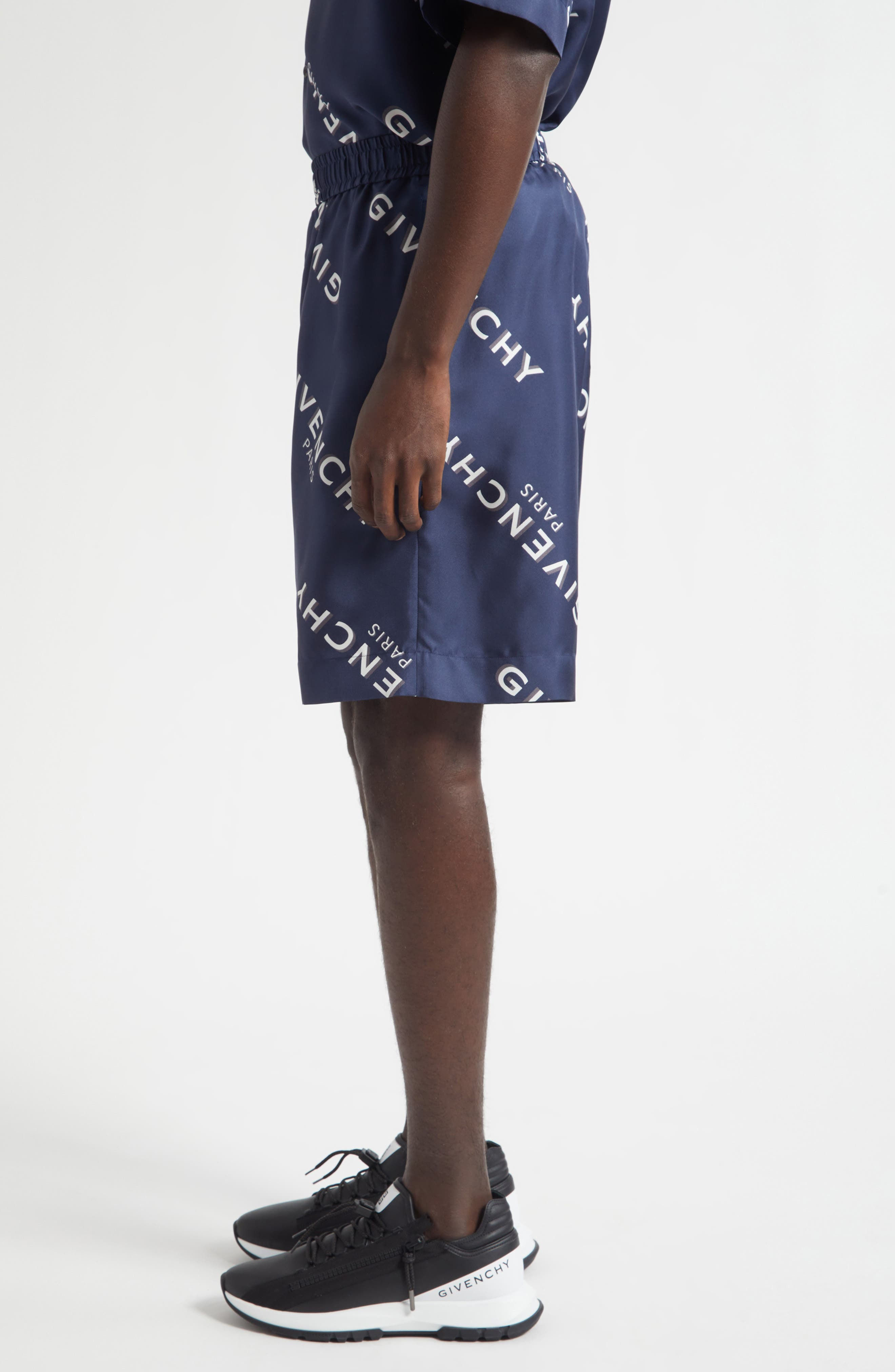 Givenchy Logo Print Elastic Waist Silk Shorts in Navy at Nordstrom - 4