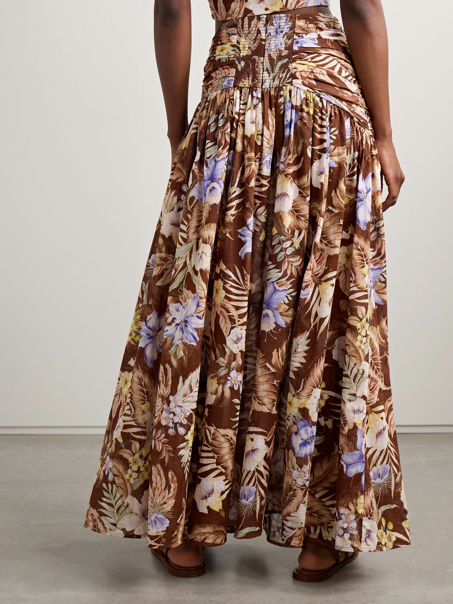Coco belted pleated floral-print cotton-voile maxi skirt Brown - 3