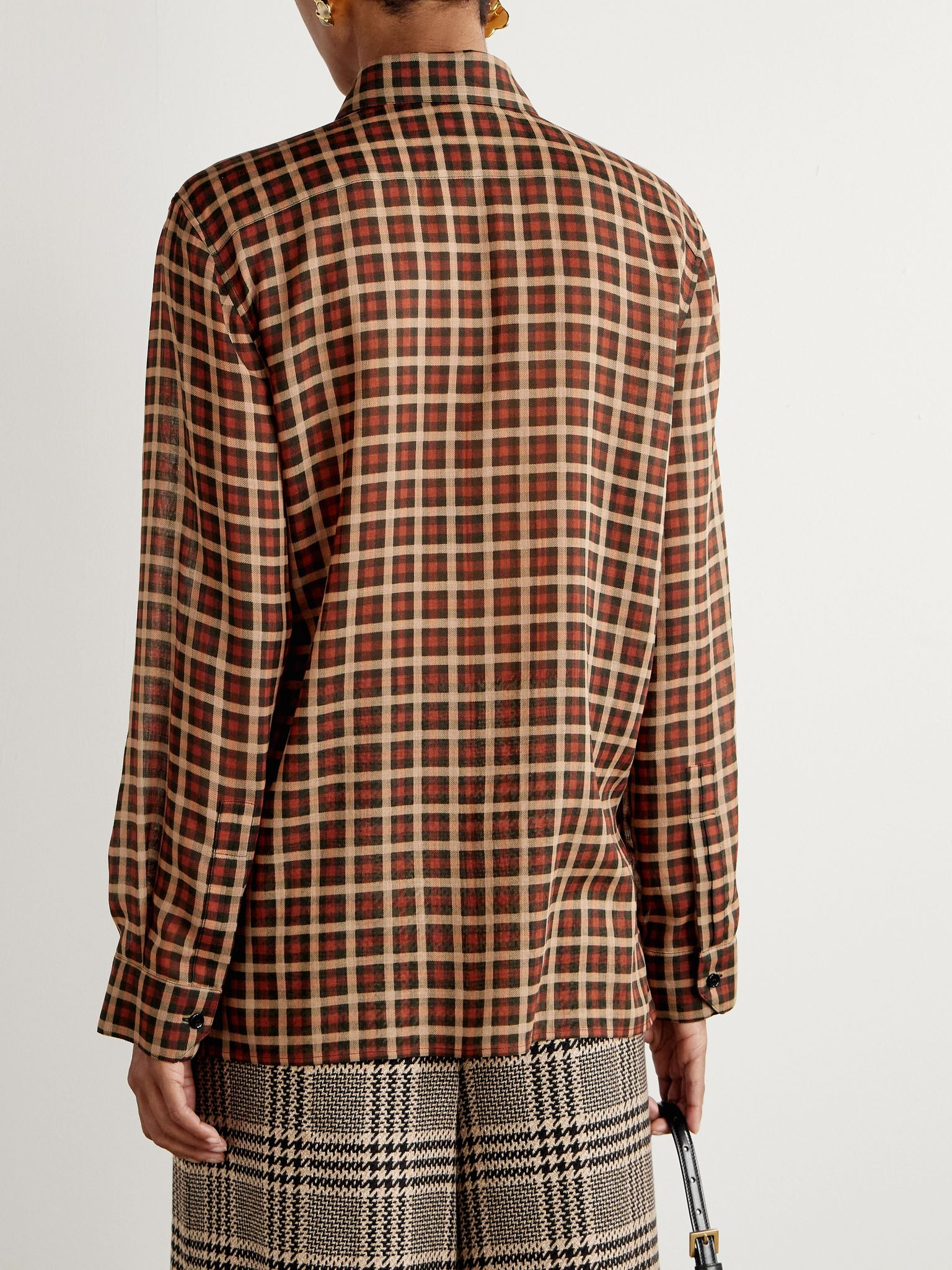 Pussy-bow checked wool shirt Brown - 4