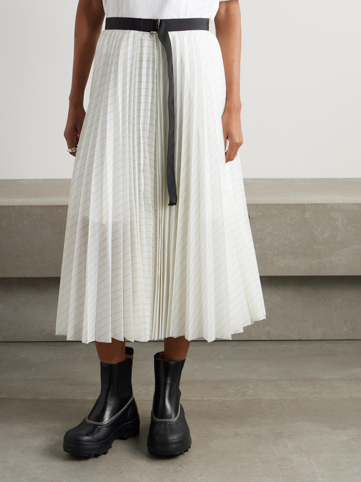 Belted Pleated Striped Voile Midi Skirt - 4
