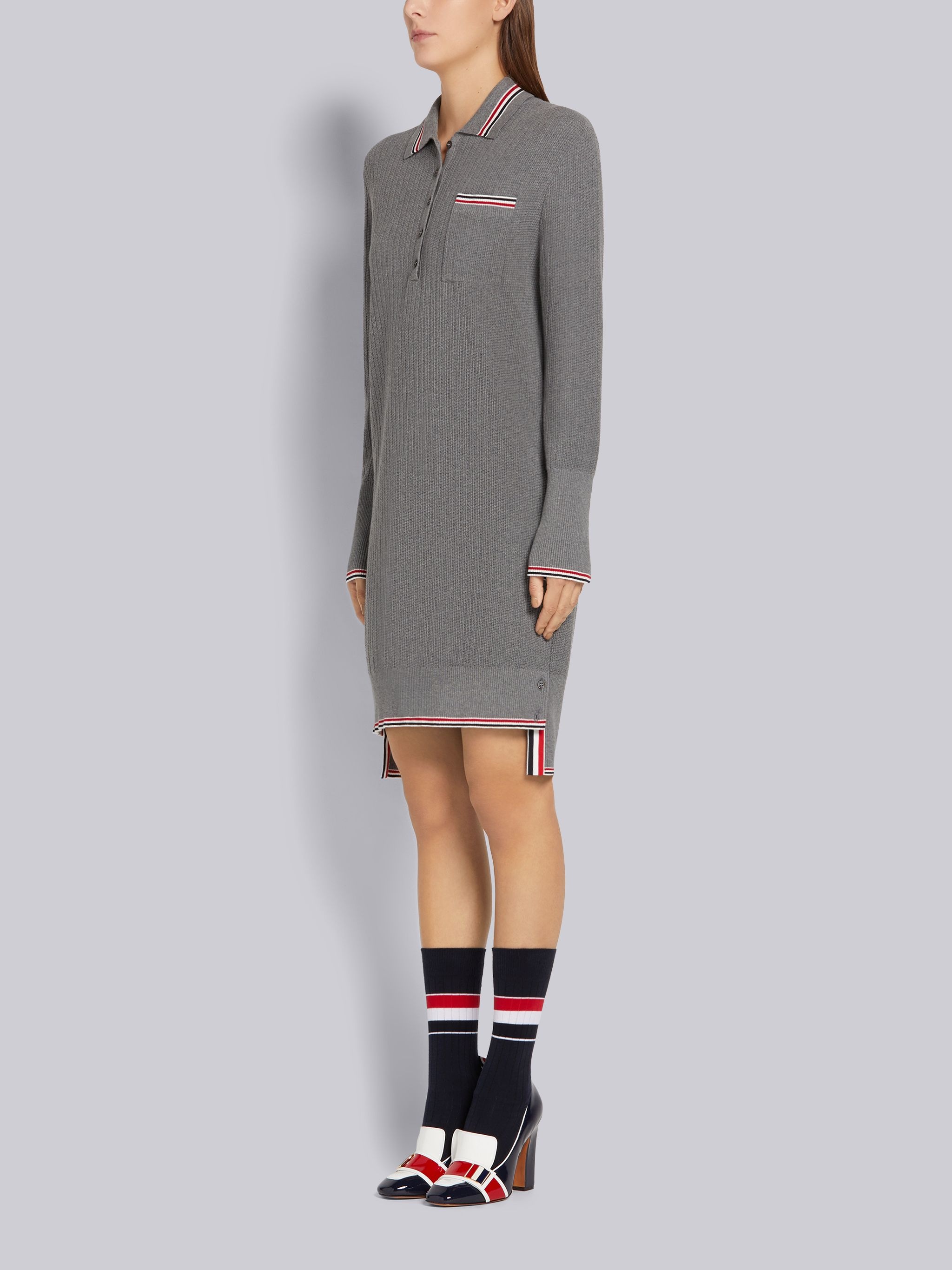 Light Grey Overtwisted Cotton Textured Stitch Stripe Long-sleeved Polo Dress - 2