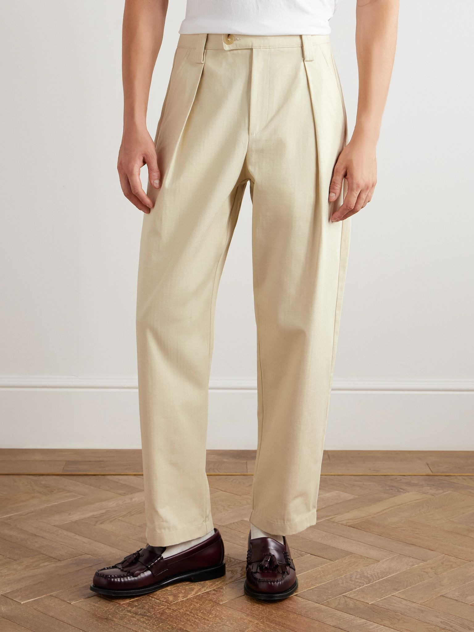 Renato Tapered Pleated Herringbone Cotton Trousers Ecru - 3