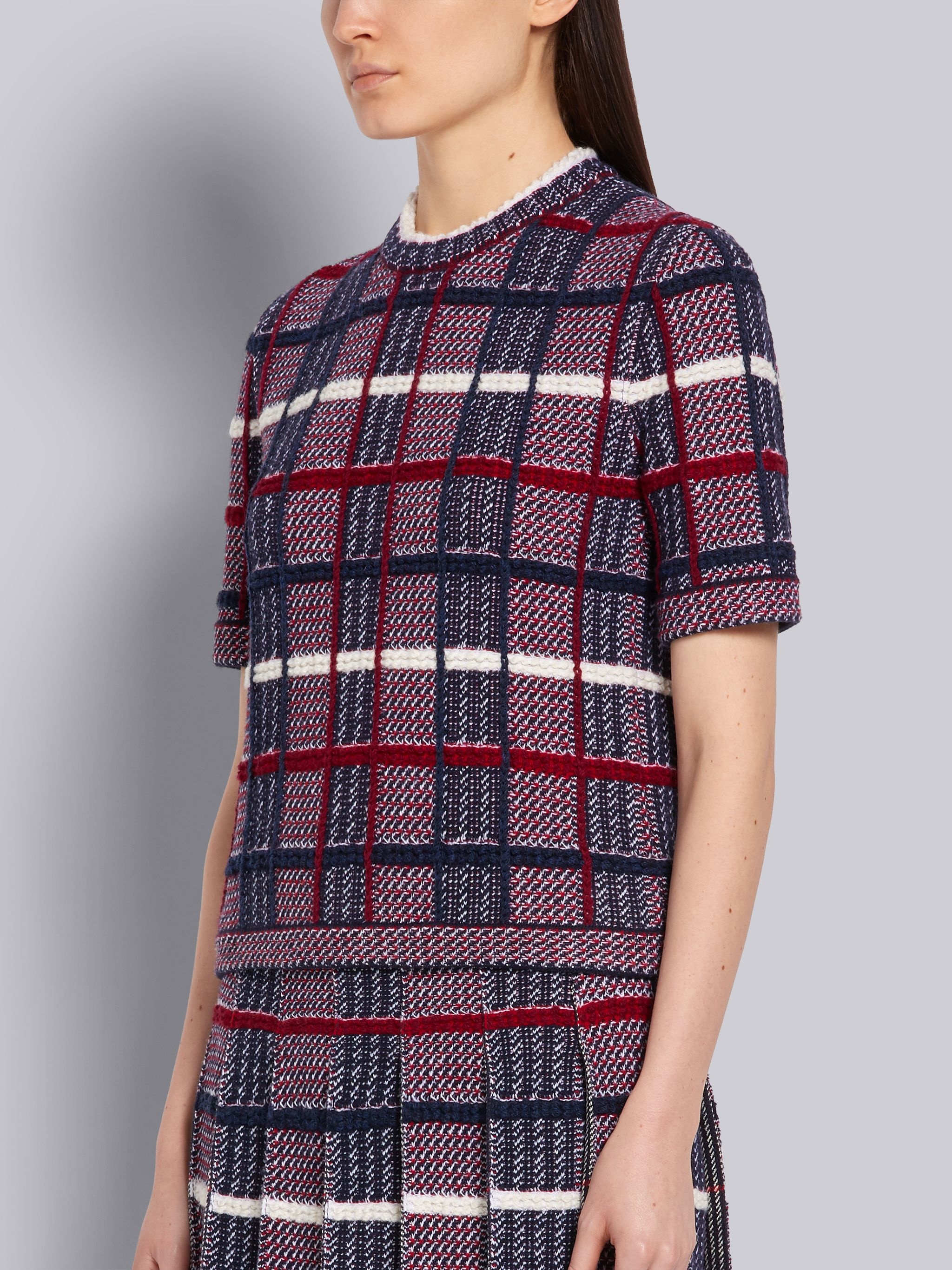 Tricolor Shetland Merino Wool Check Jacquard Inlay Short Sleeve Tee - 2