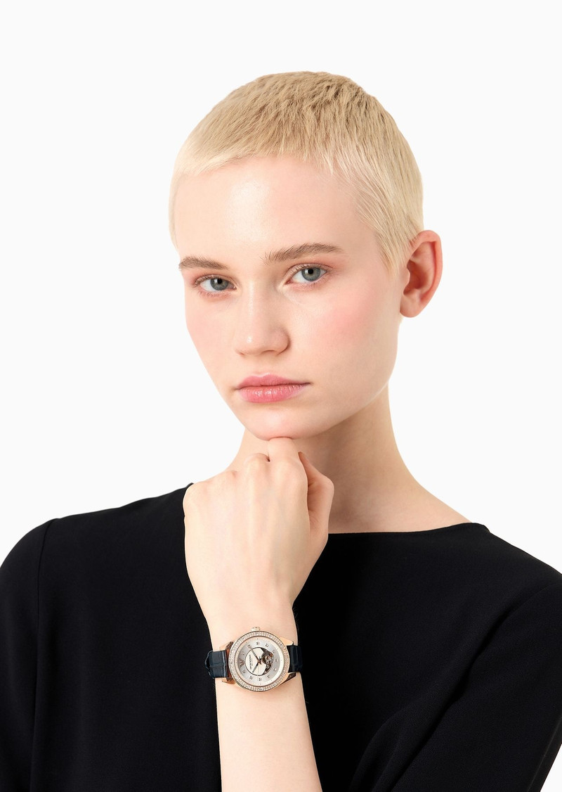 Automatic three-hand blue leather watch 3