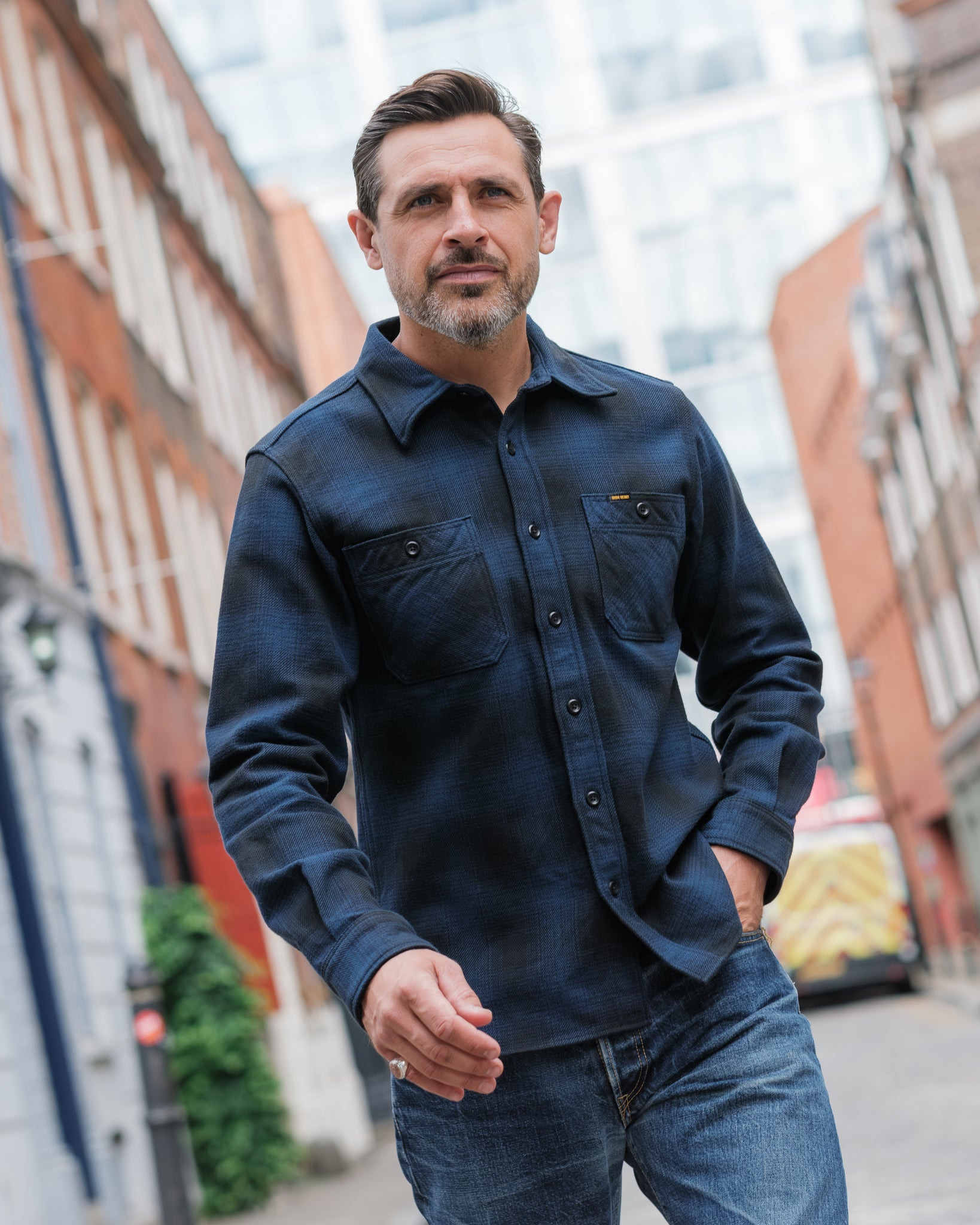 IHSH-265-NAV Ultra Heavy Flannel Ombré Check Work Shirt - Navy/Black - 4