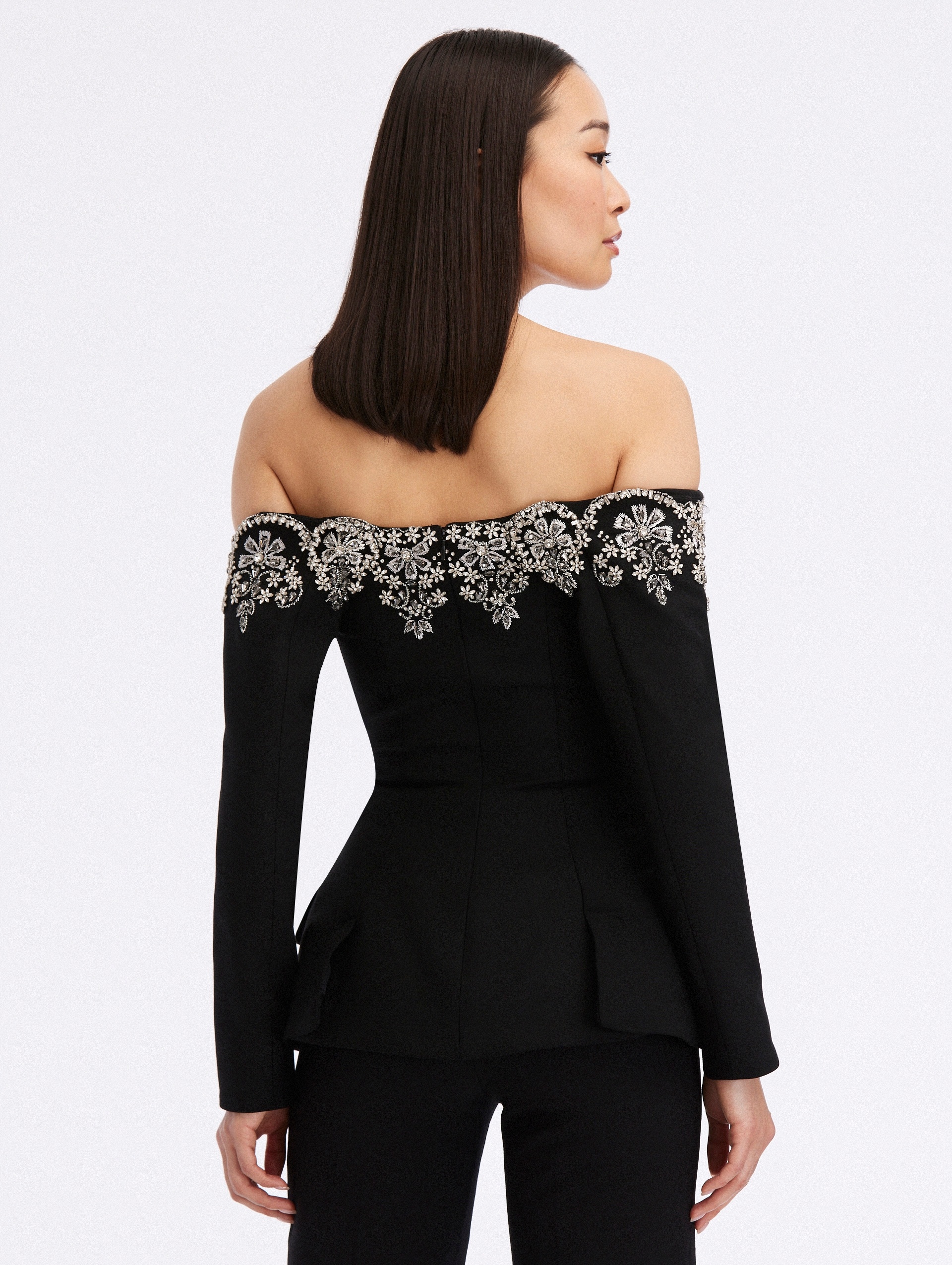 OFF SHOULDER CRYSTAL SCALLOP EMBROIDERED JACKET - 3
