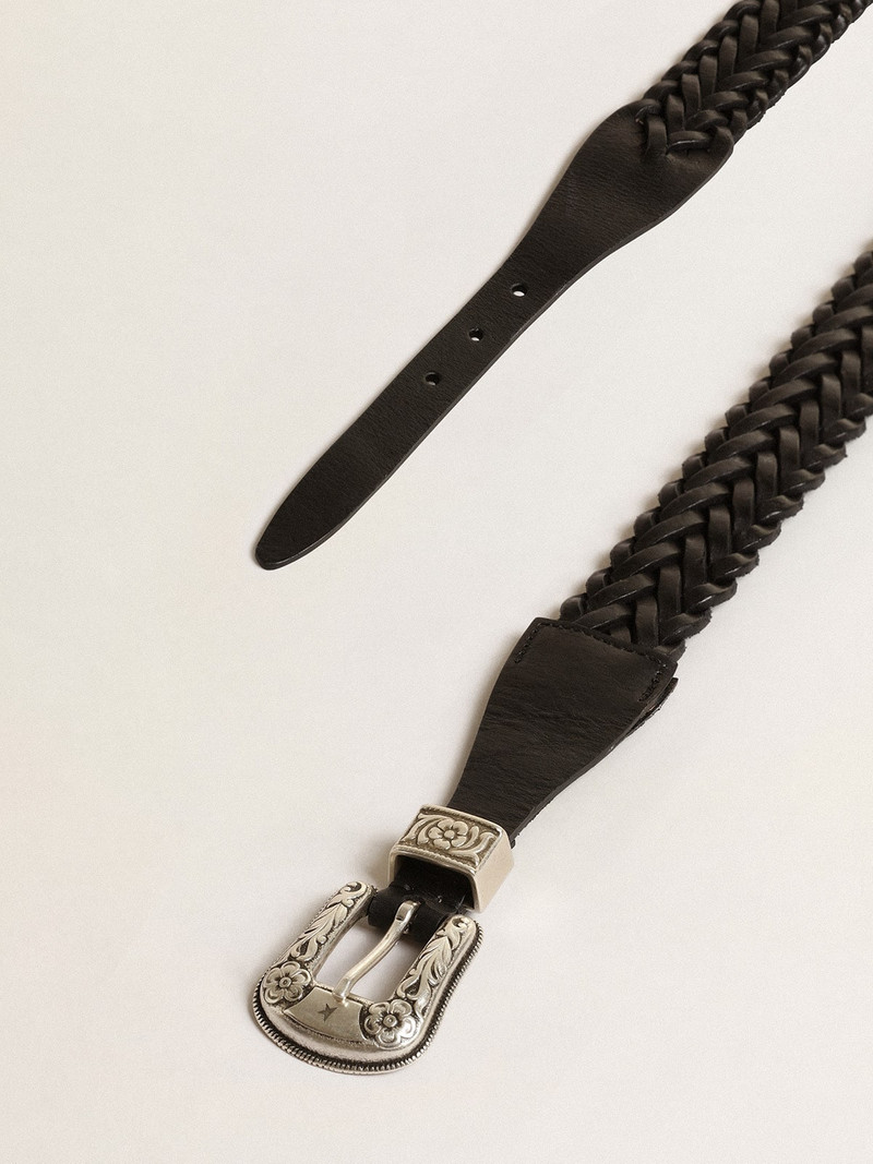 Golden Goose Belt in black braided leather with silver color buckle outlook