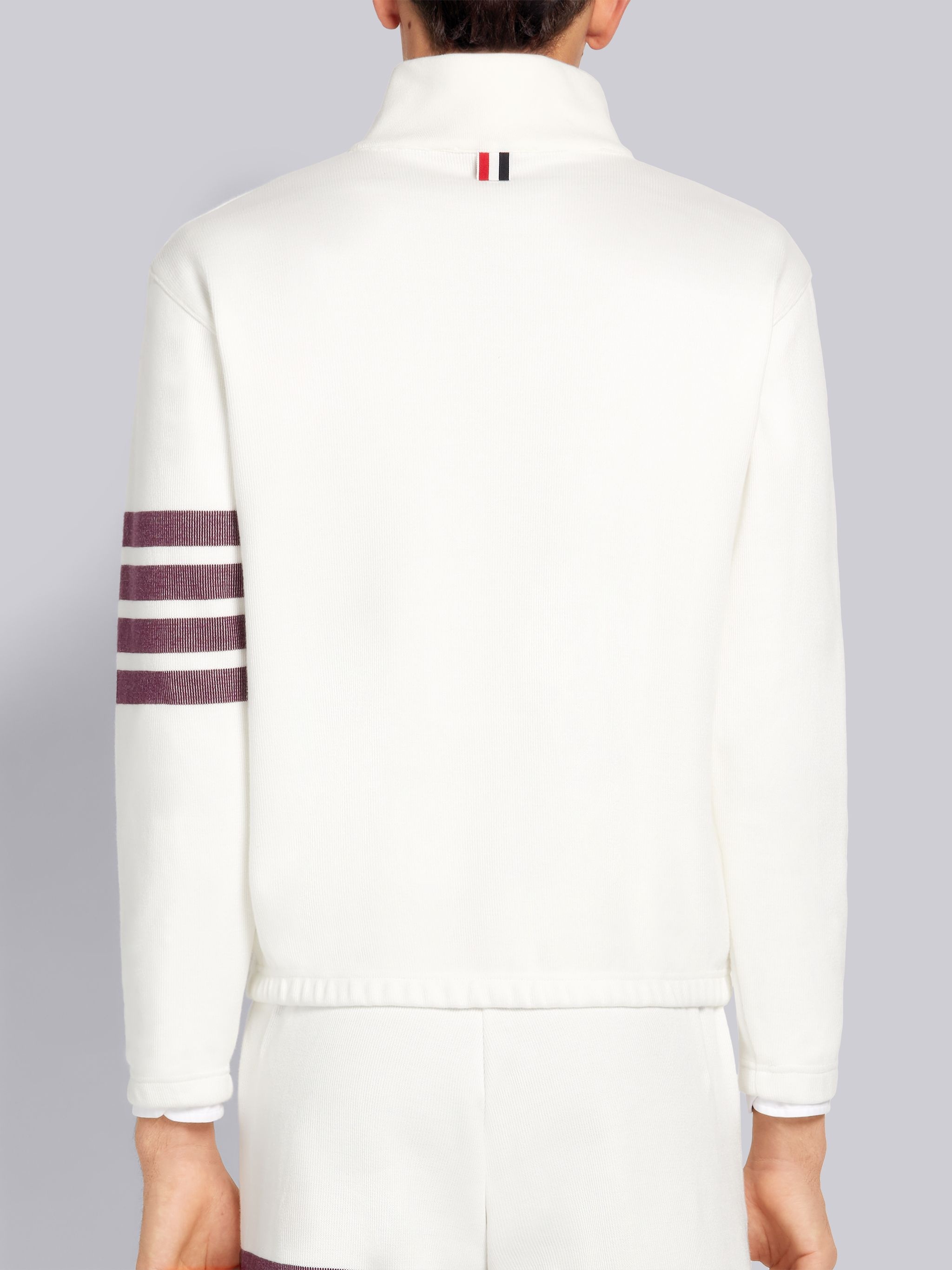 White Double Face Cotton Knit 4-Bar Stripe Half Zip Funnel Neck Pullover - 3