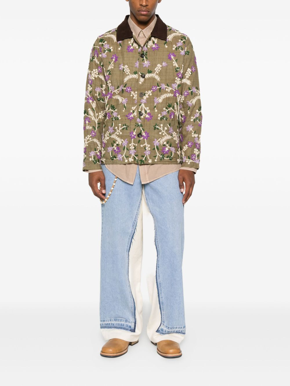 floral-embroidered suede-collar jacket - 2