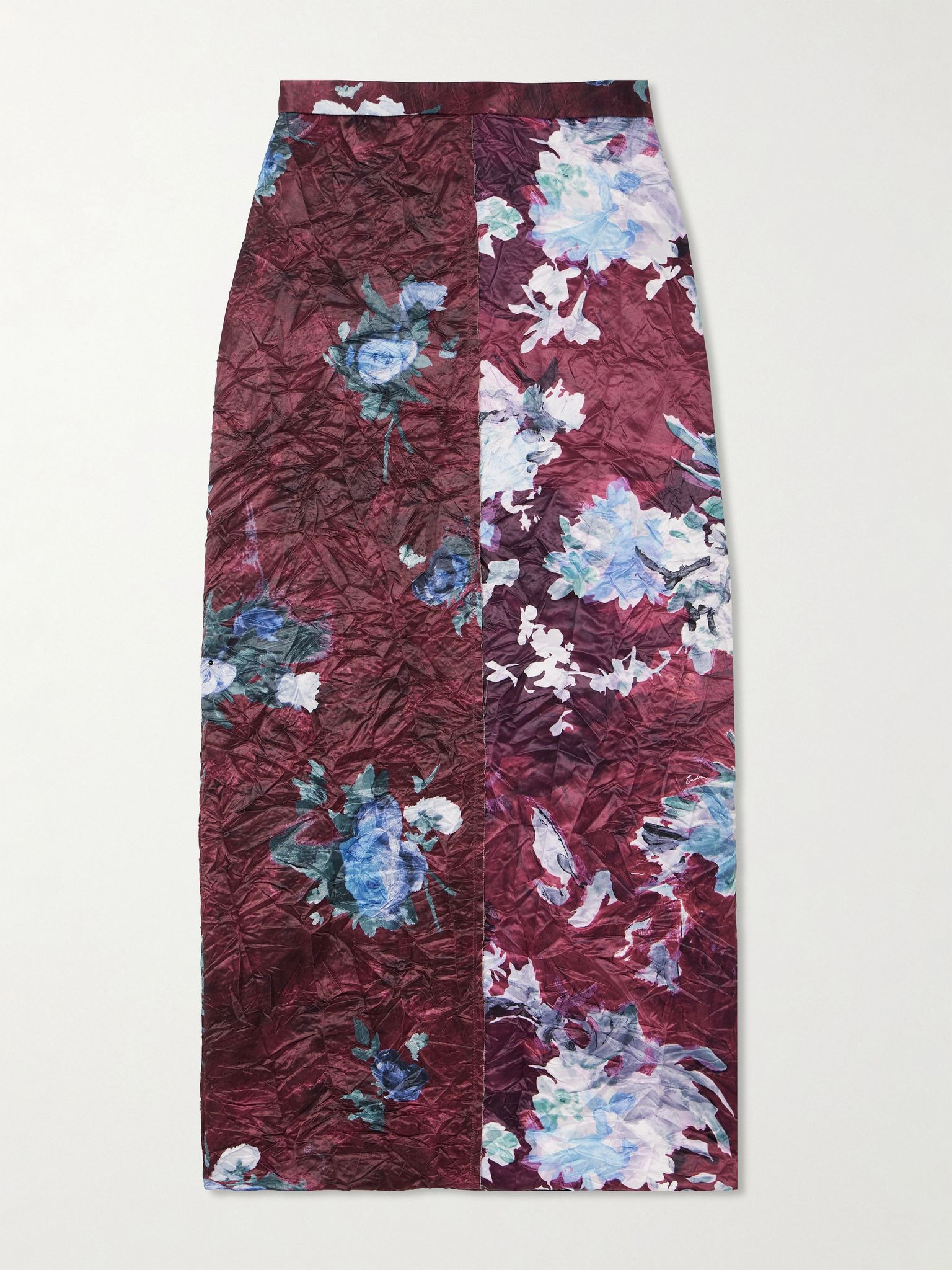 Floral-print crinkled duchesse-satin midi skirt Burgundy - 1