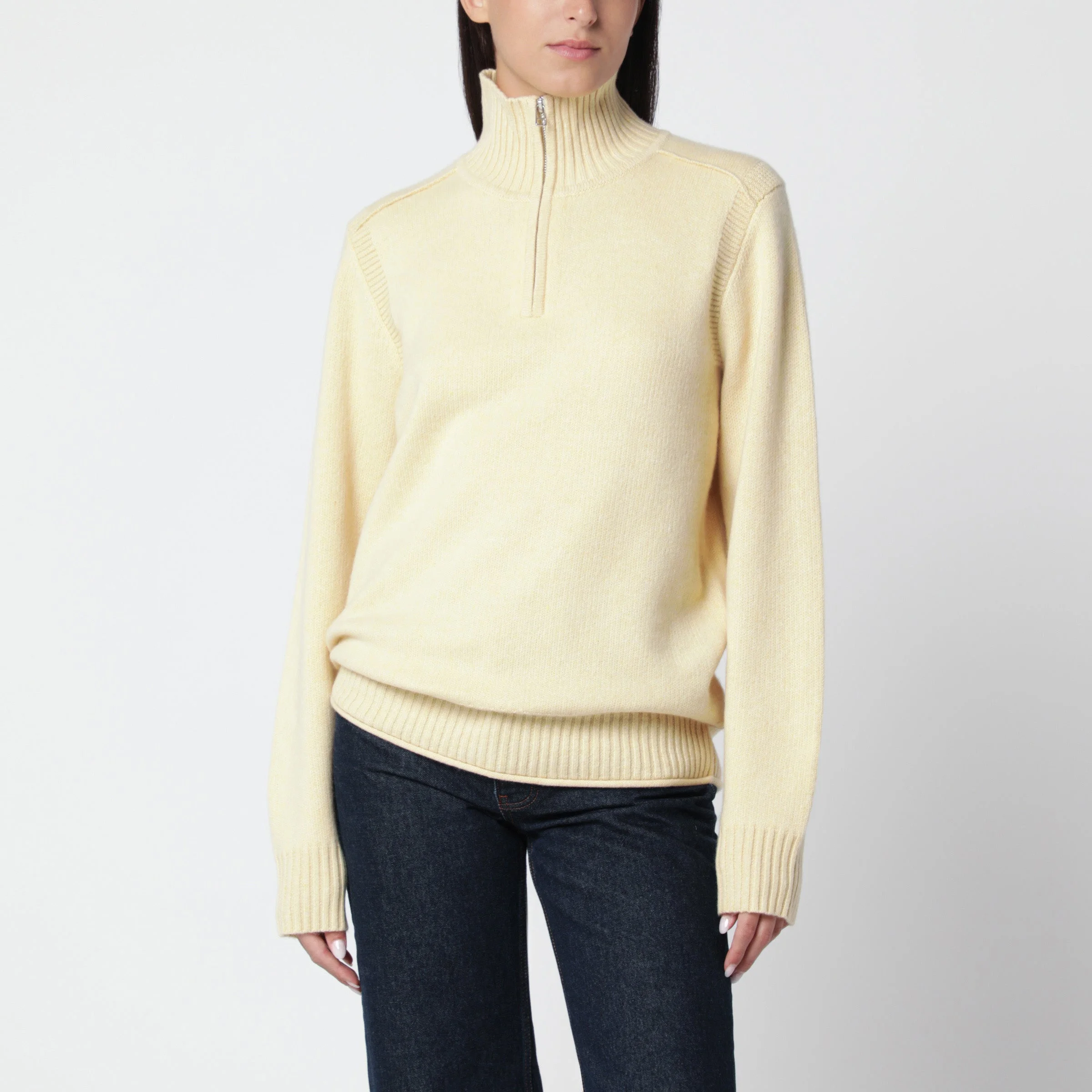 Butter-colored turtleneck sweater with half-zip - 1
