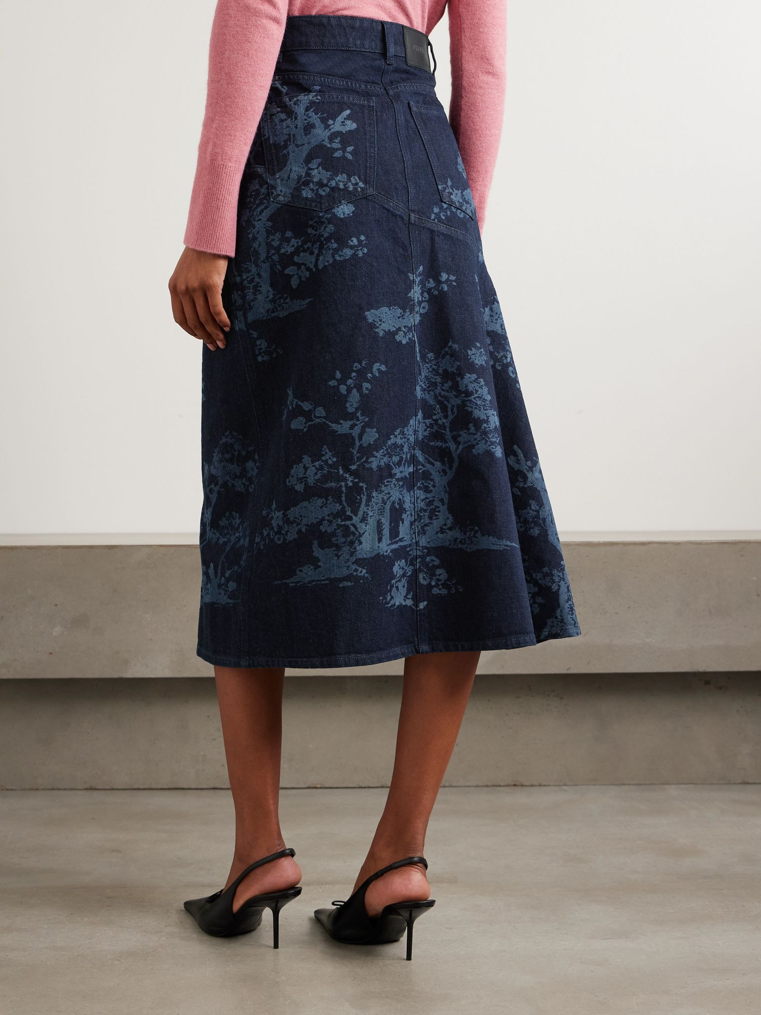 Asymmetric paneled printed denim midi skirt Indigo - 3
