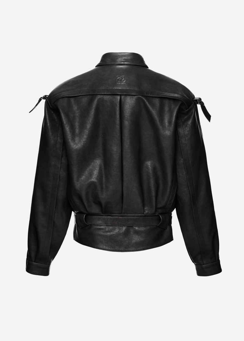 Oversized belted leather jacket in black 2