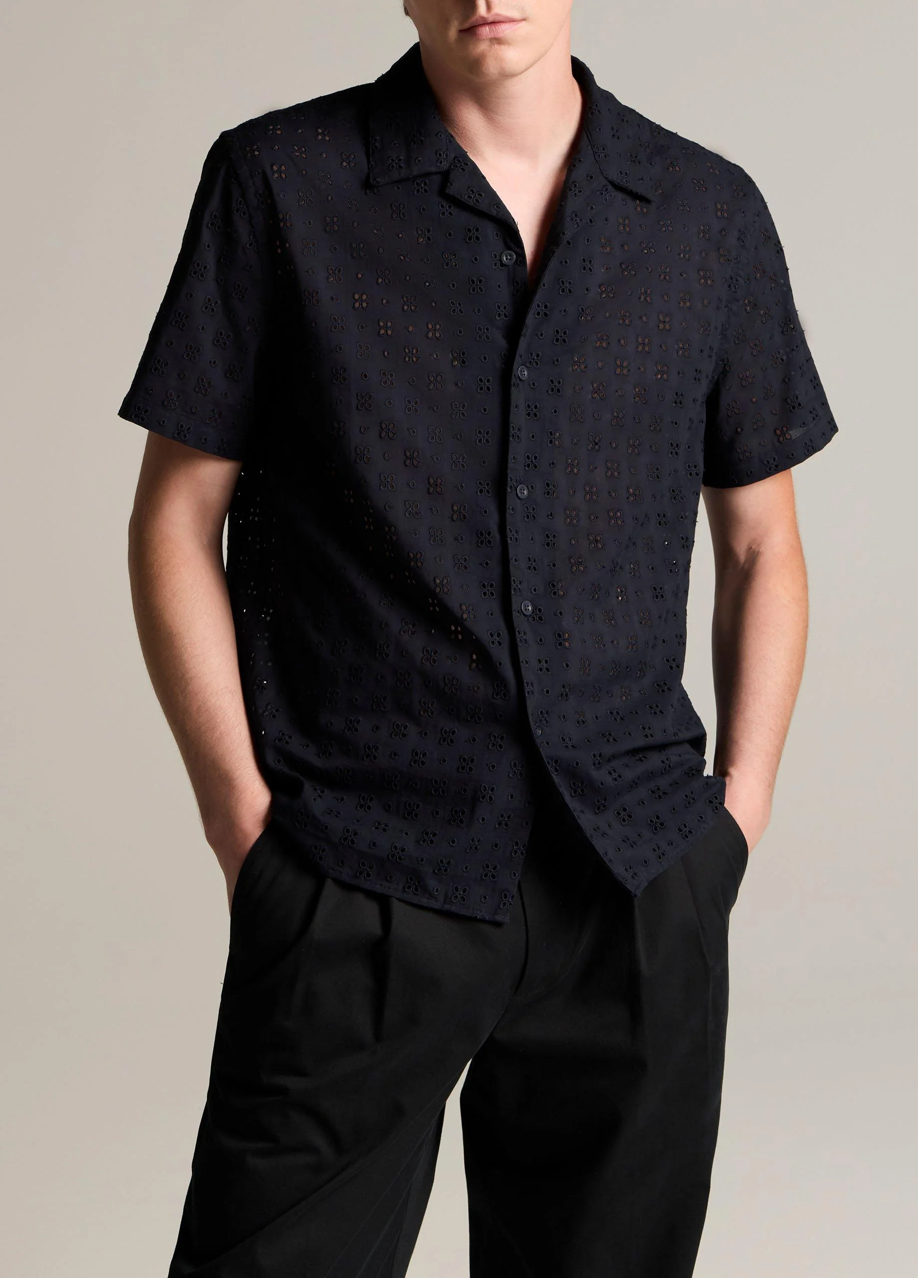 Cotton Eyelet Short-Sleeve Button-Front Shirt - 1