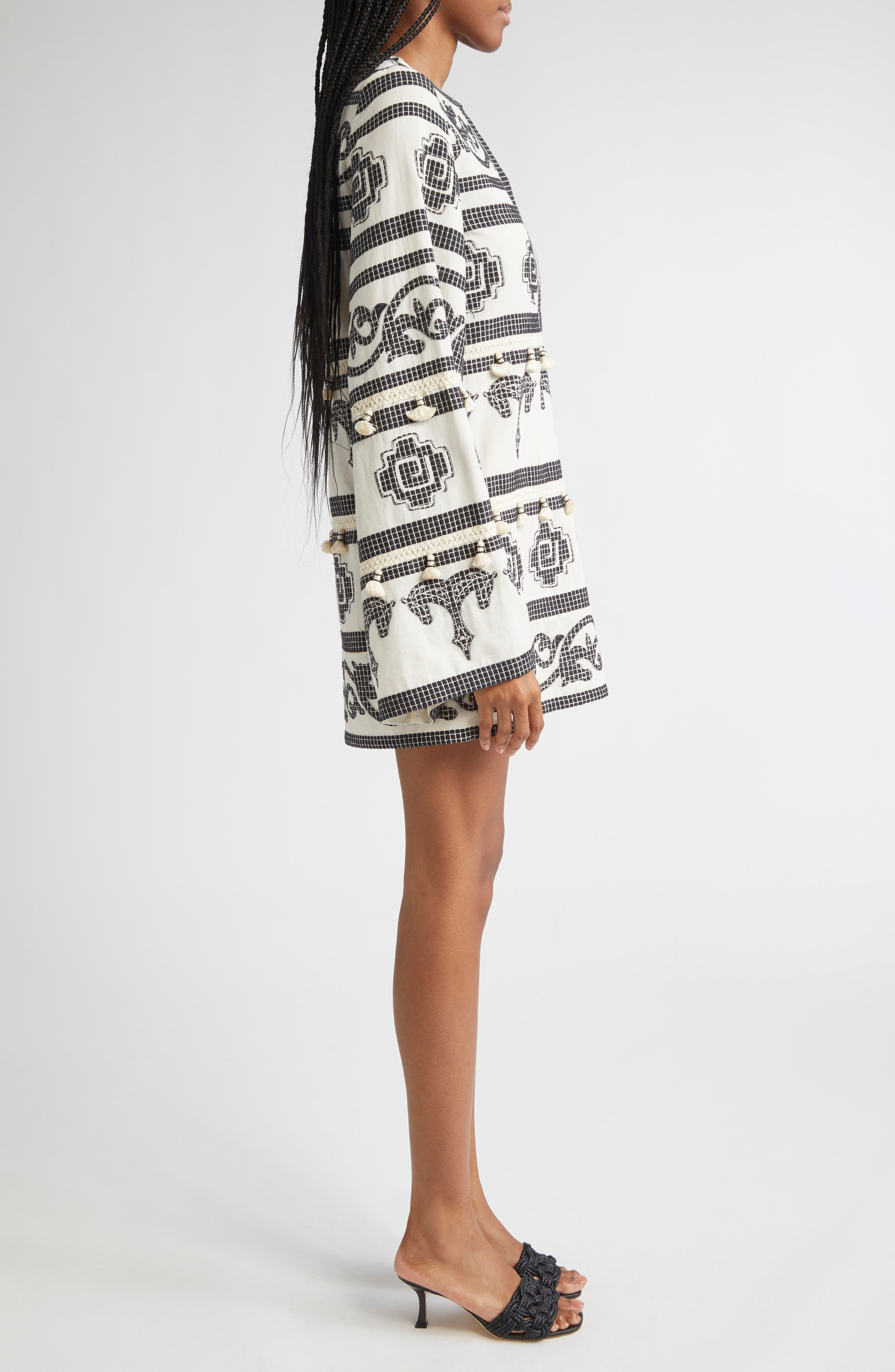 Johanna Ortiz Quetzalcalt Temple Long Sleeve Cotton Minidress in Ecru /Black at Nordstrom - 3