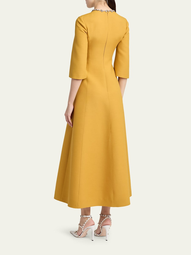 Crystal Embroidered Silk-Wool 3/4-Sleeve Midi Dress 3