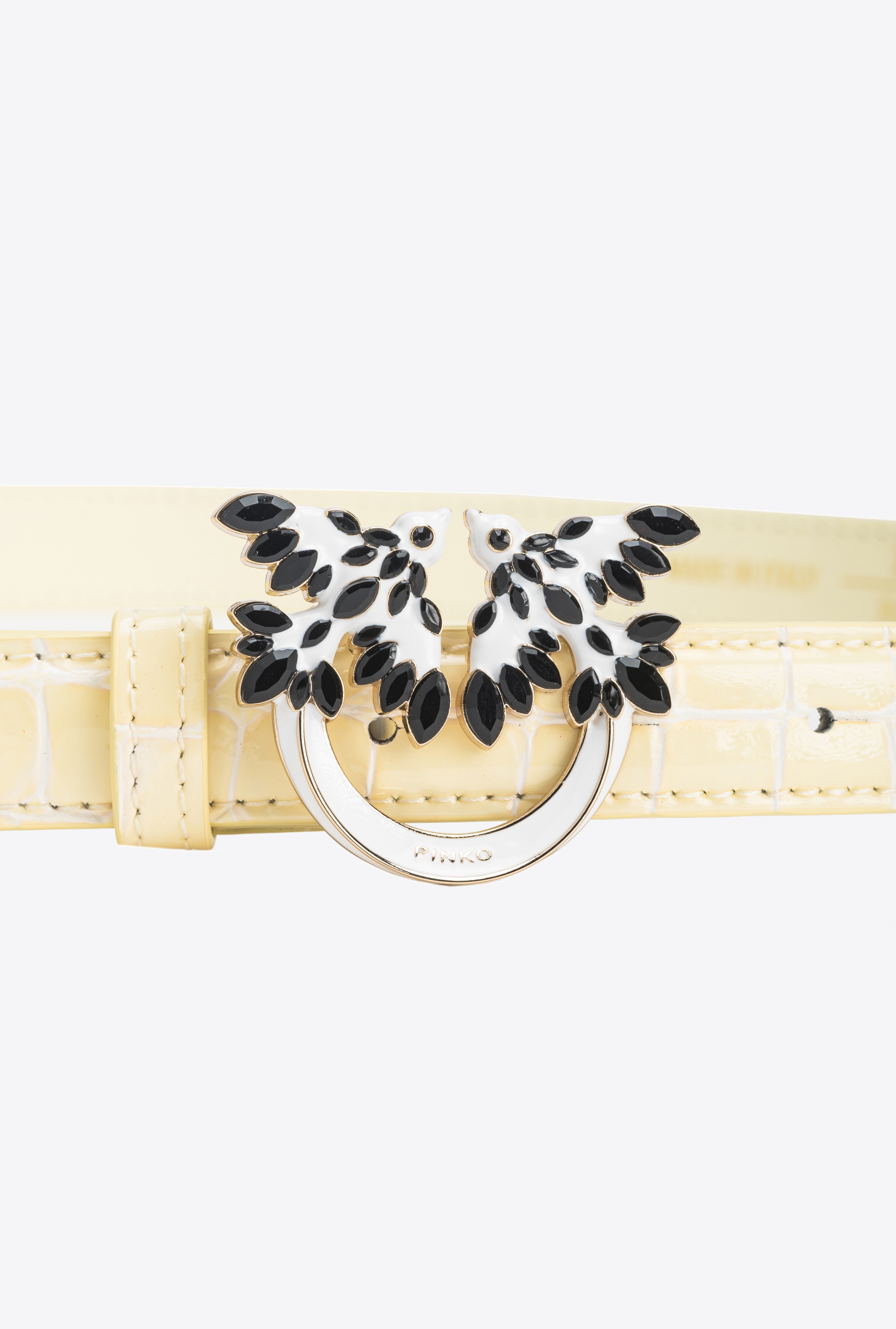 PINKO GALLERIA THIN 2CM SHINY CROC-PRINT BELT WITH LOVE BIRDS BUCKLE - 2
