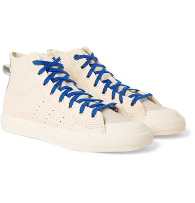 adidas Originals + Pharrell Williams Hu Nizza RF Rubber-Trimmed Leather High-Top Sneakers outlook