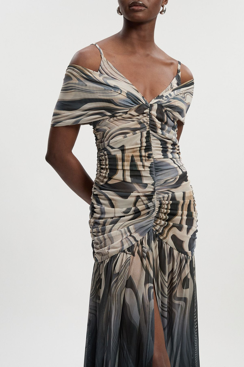 KAREN MILLEN Marble Print Mesh Plunge Strappy Detail Maxi Dress outlook