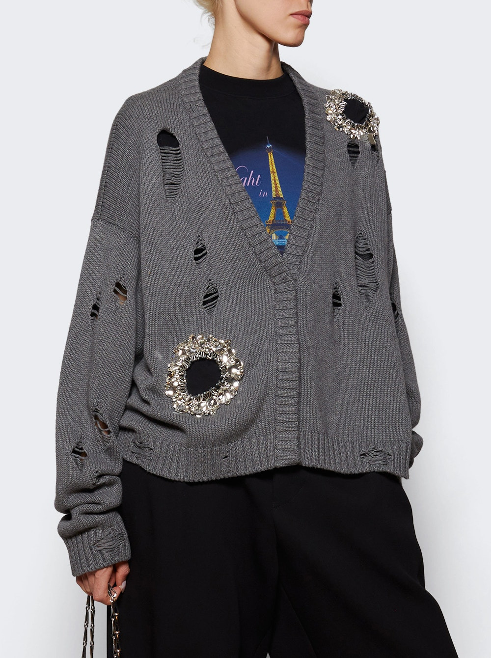 Distressed Crystal Cardigan Heathered Grey - 2