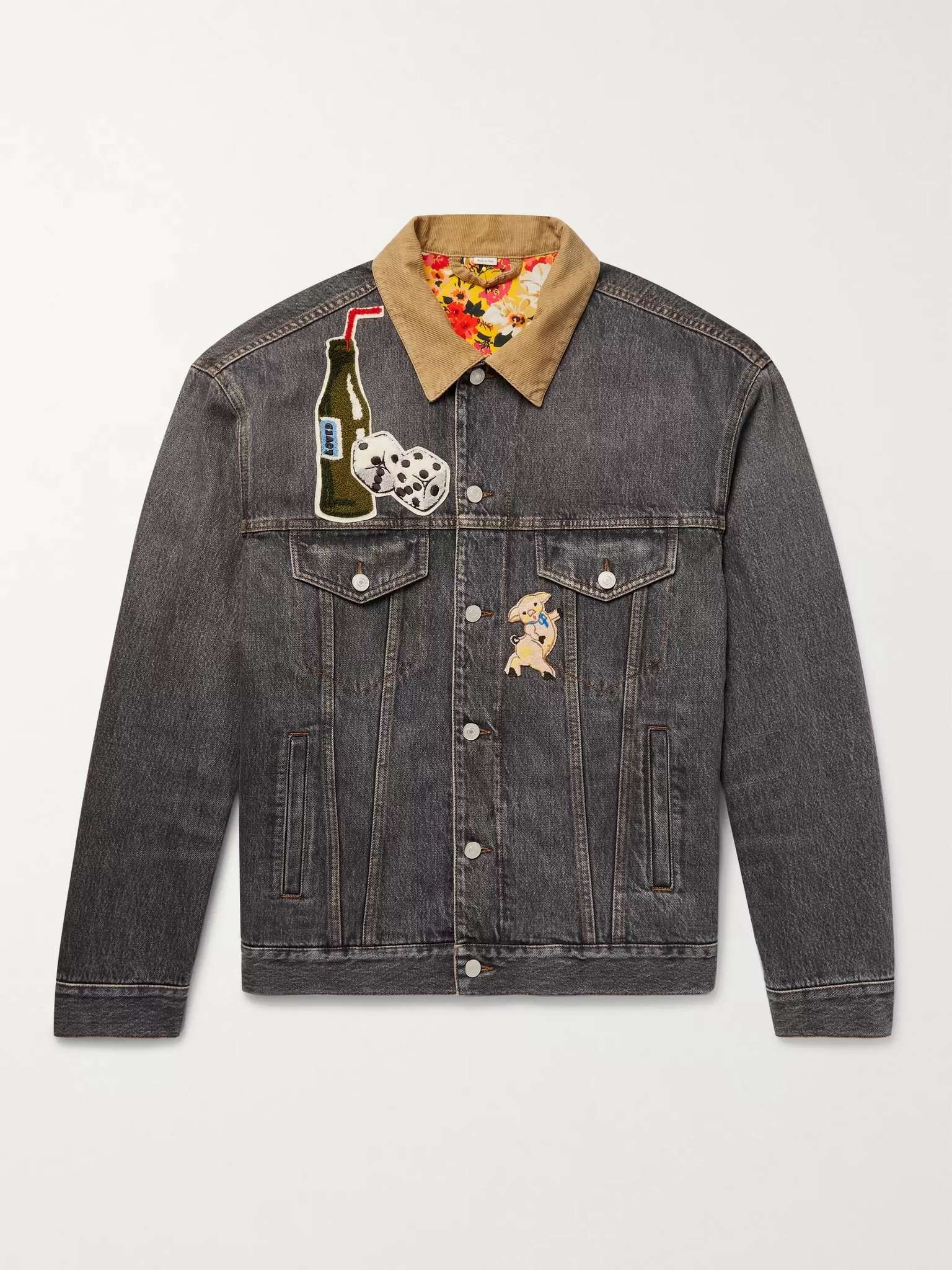 Corduroy-Trimmed Appliquéd and Printed Denim Jacket - 1