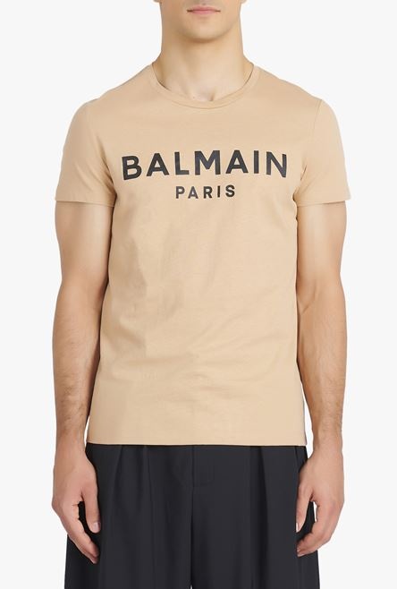 Nude eco-designed cotton T-shirt with black Balmain Paris logo print - 5