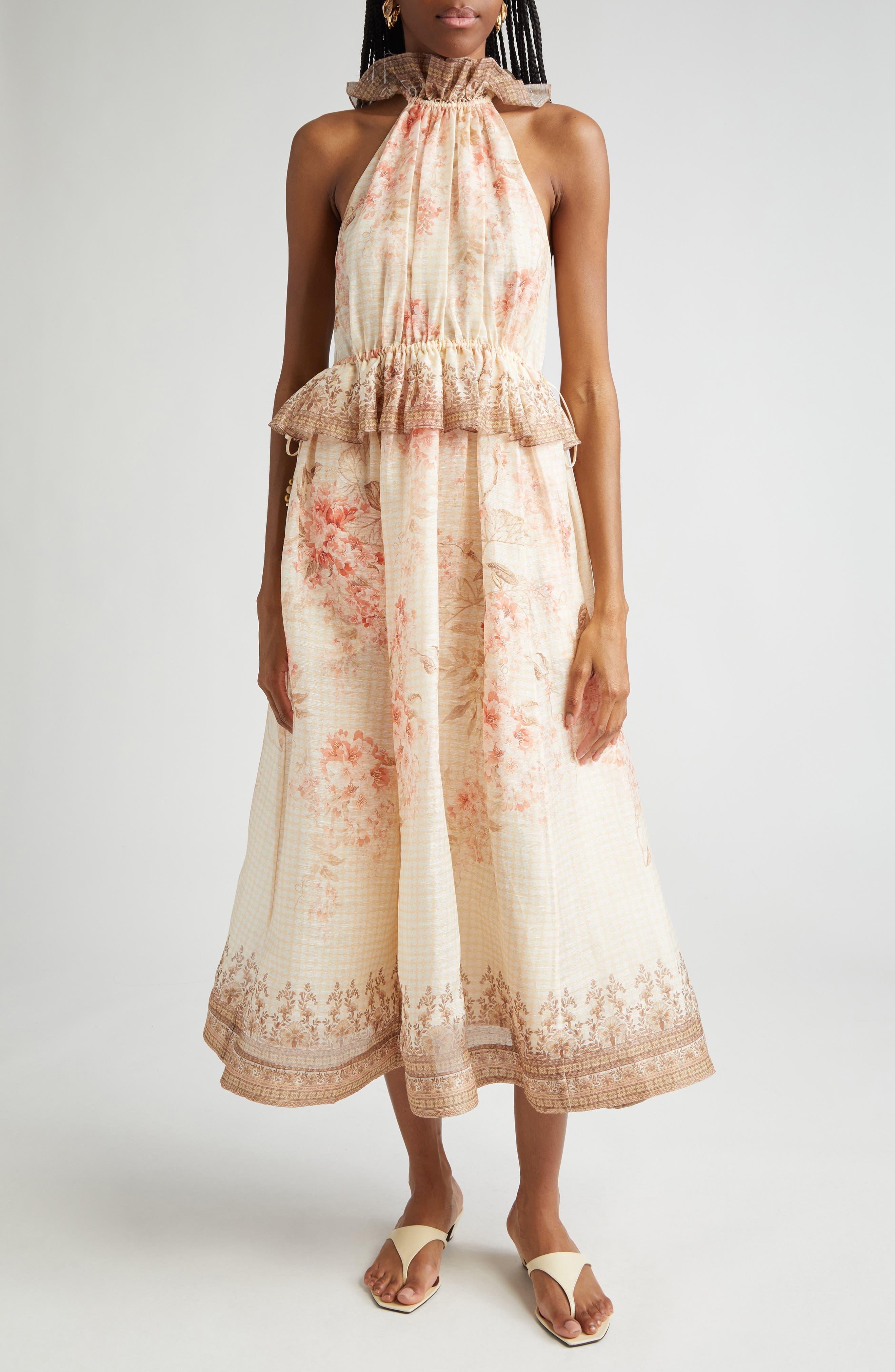 Zimmermann Tropical Floral Linen & Silk Midi Dress in Coral Floral at Nordstrom - 1