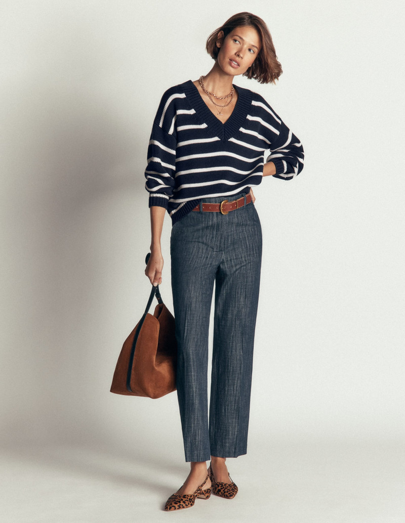 Lucy Cotton V-neck Sweater-Navy, Ivory 8