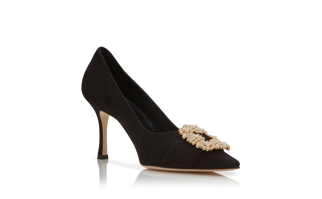 Black Suede Pearl Buckle Pumps - 3