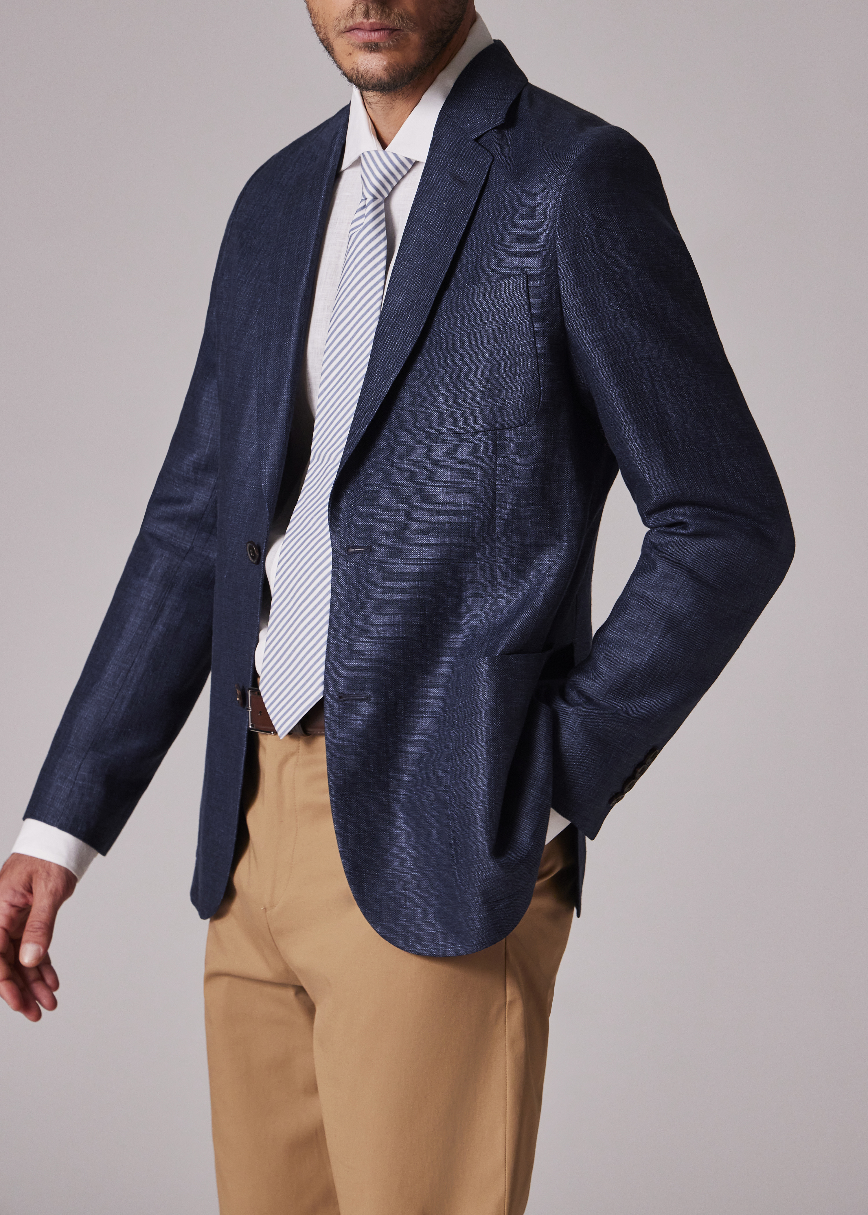 Navy Blue Wool-Linen Unlined Blazer - 7