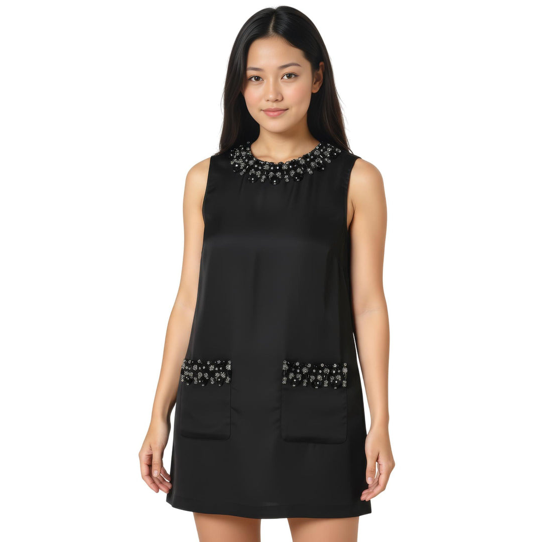 Black Taffeta Embellished Trim Mini Dress - 2