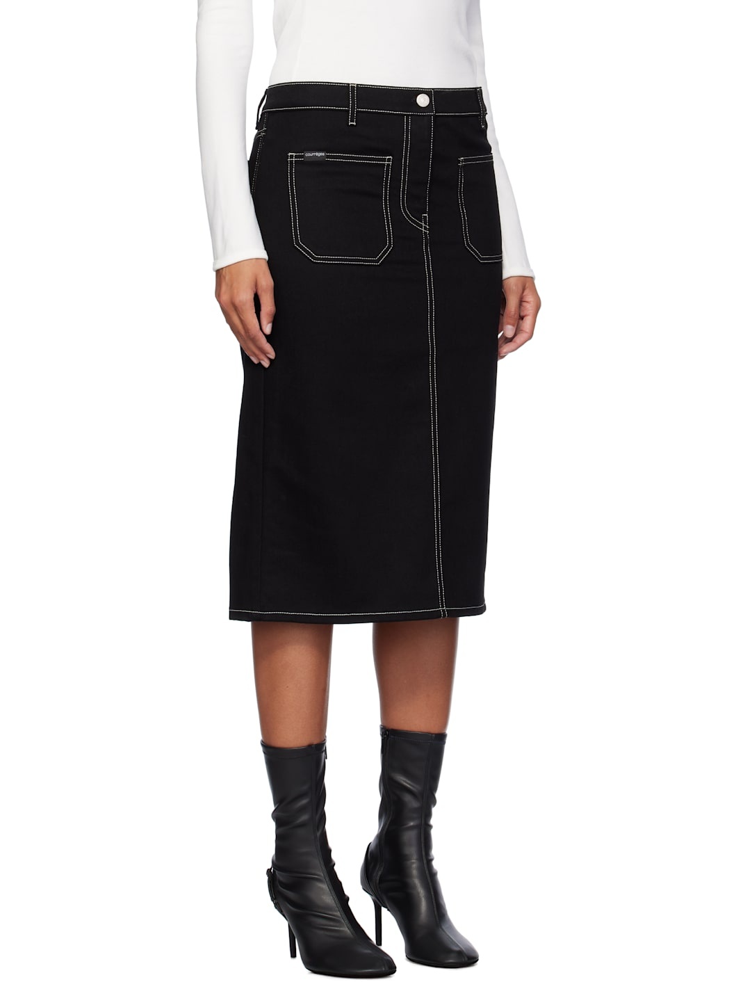 Black 2-Pocket Topstitched Denim Midi Skirt - 2