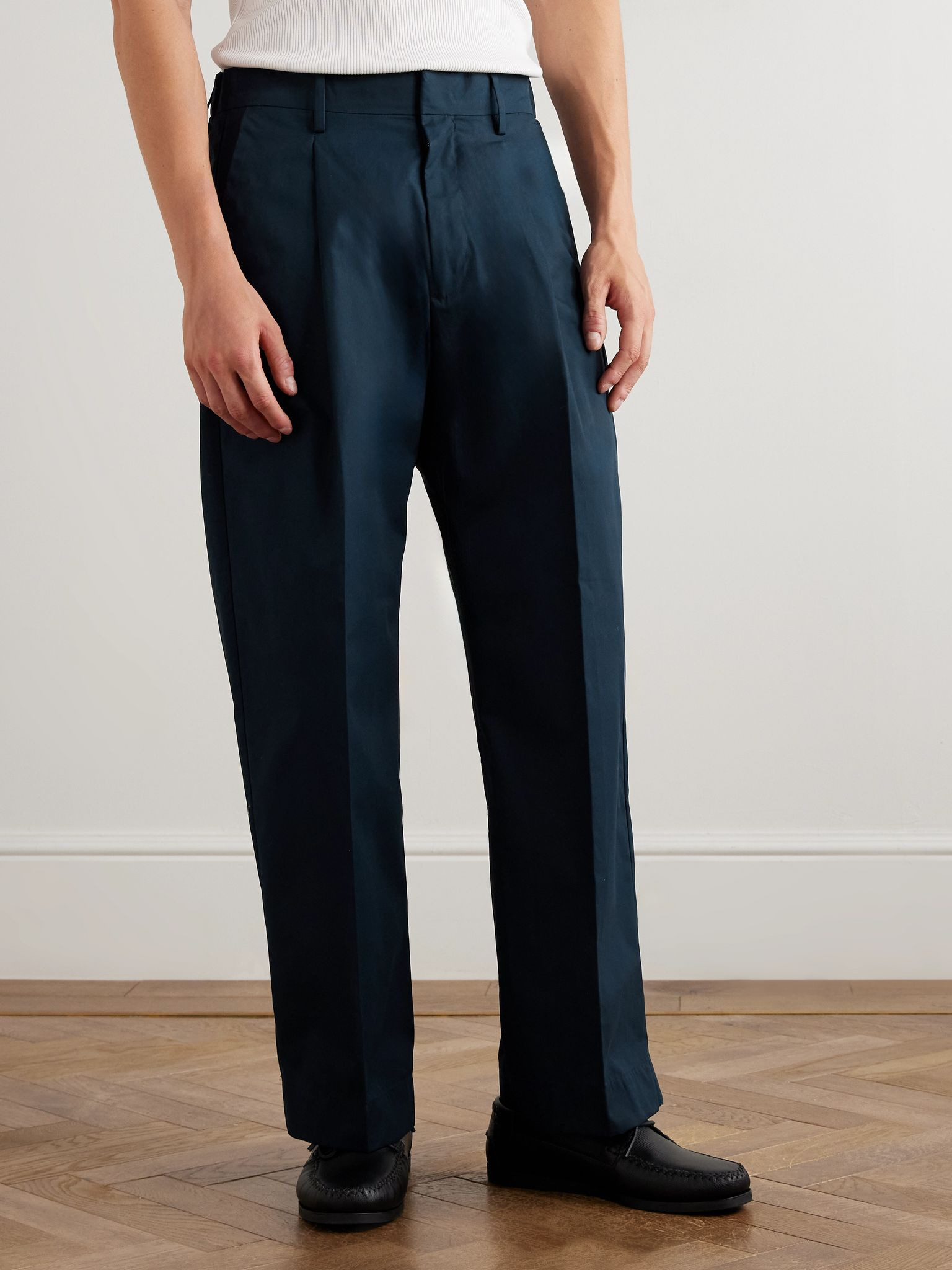 Kay 1080 Straight-Leg Pleated Organic Cotton-Poplin Trousers Navy - 3